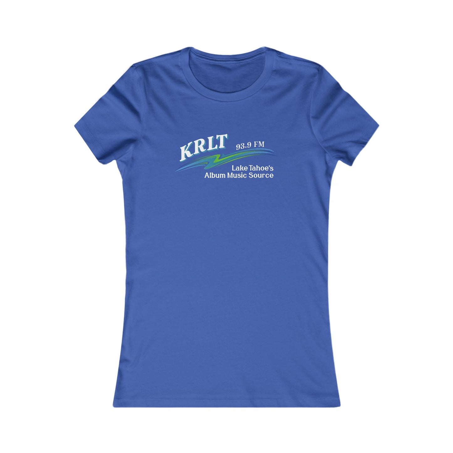 Women's True Royal crew-neck tee with the KRLT radio logo in white, blue, and green.