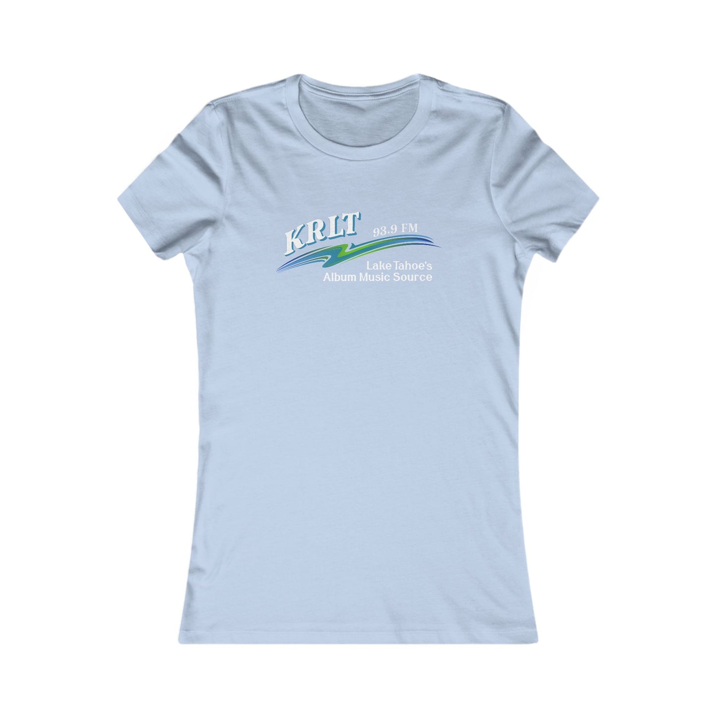Women's Baby Blue crew-neck tee with the KRLT radio logo in white, blue, and green.