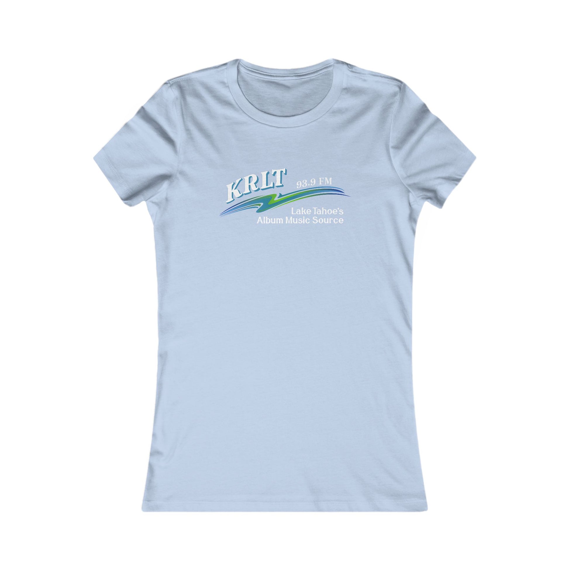 Women's Baby Blue crew-neck tee with the KRLT radio logo in white, blue, and green.