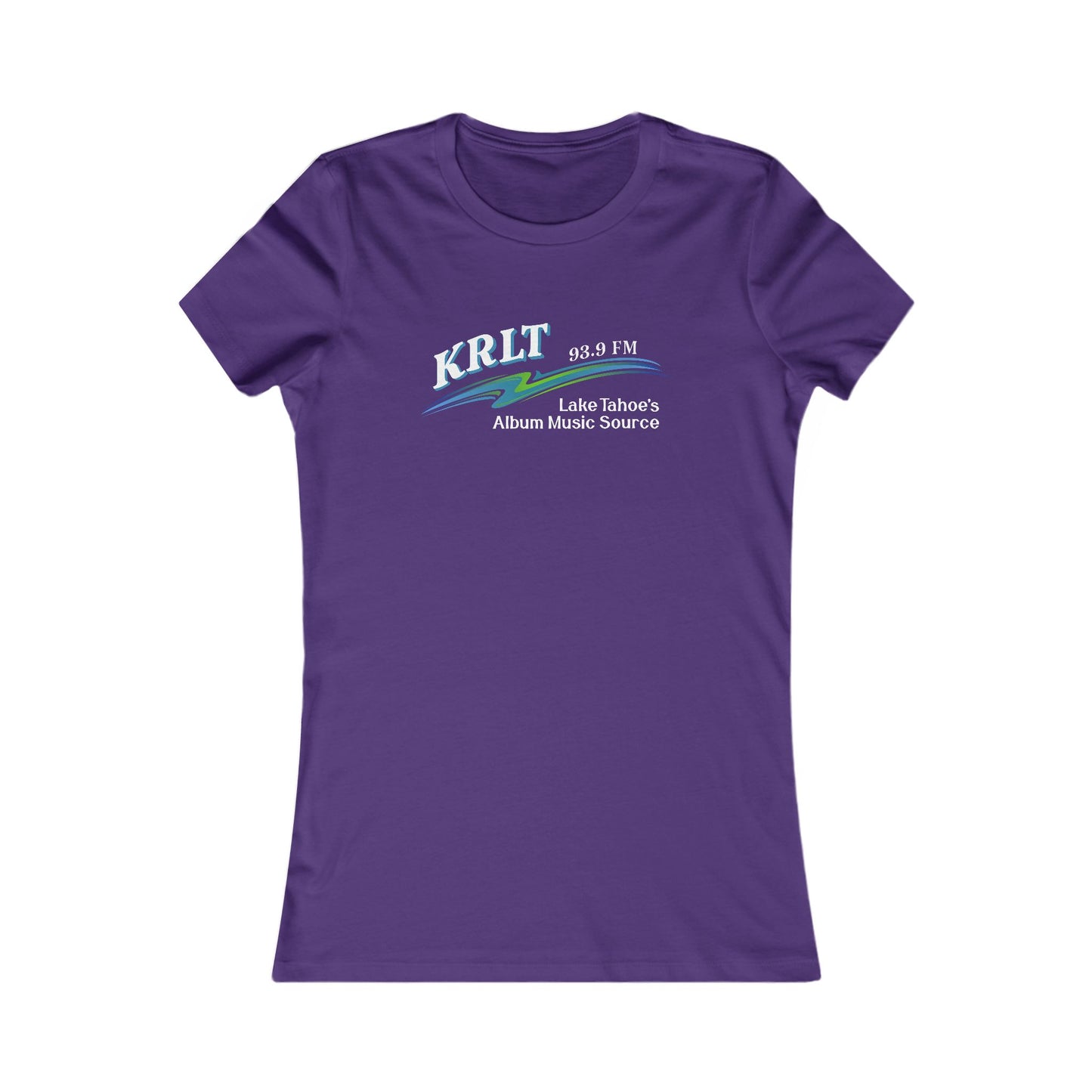 Women's Purple crew-neck tee with the KRLT radio logo in white, blue, and green.