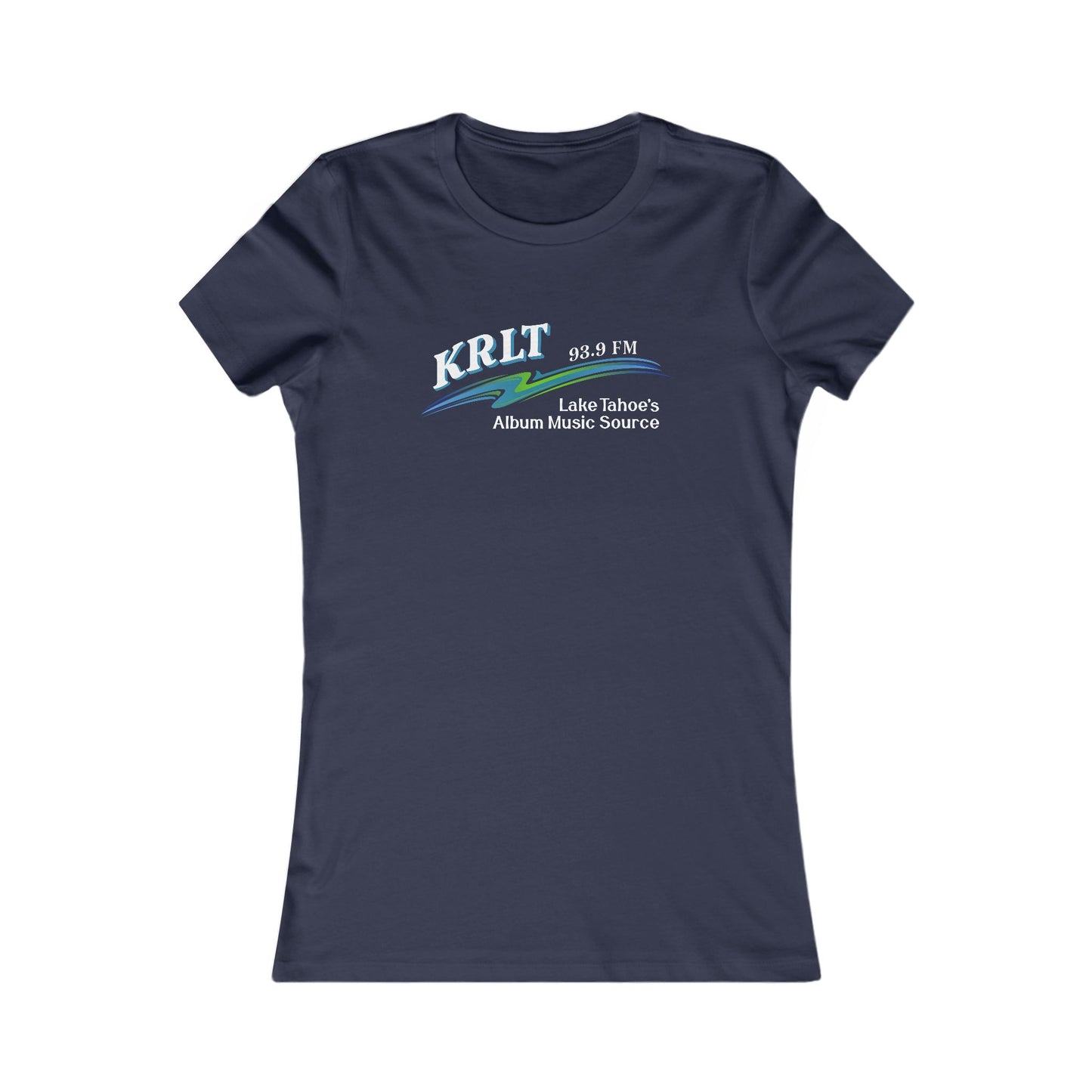 Women's Navy Blue crew-neck tee with the KRLT radio logo in white, blue, and green.