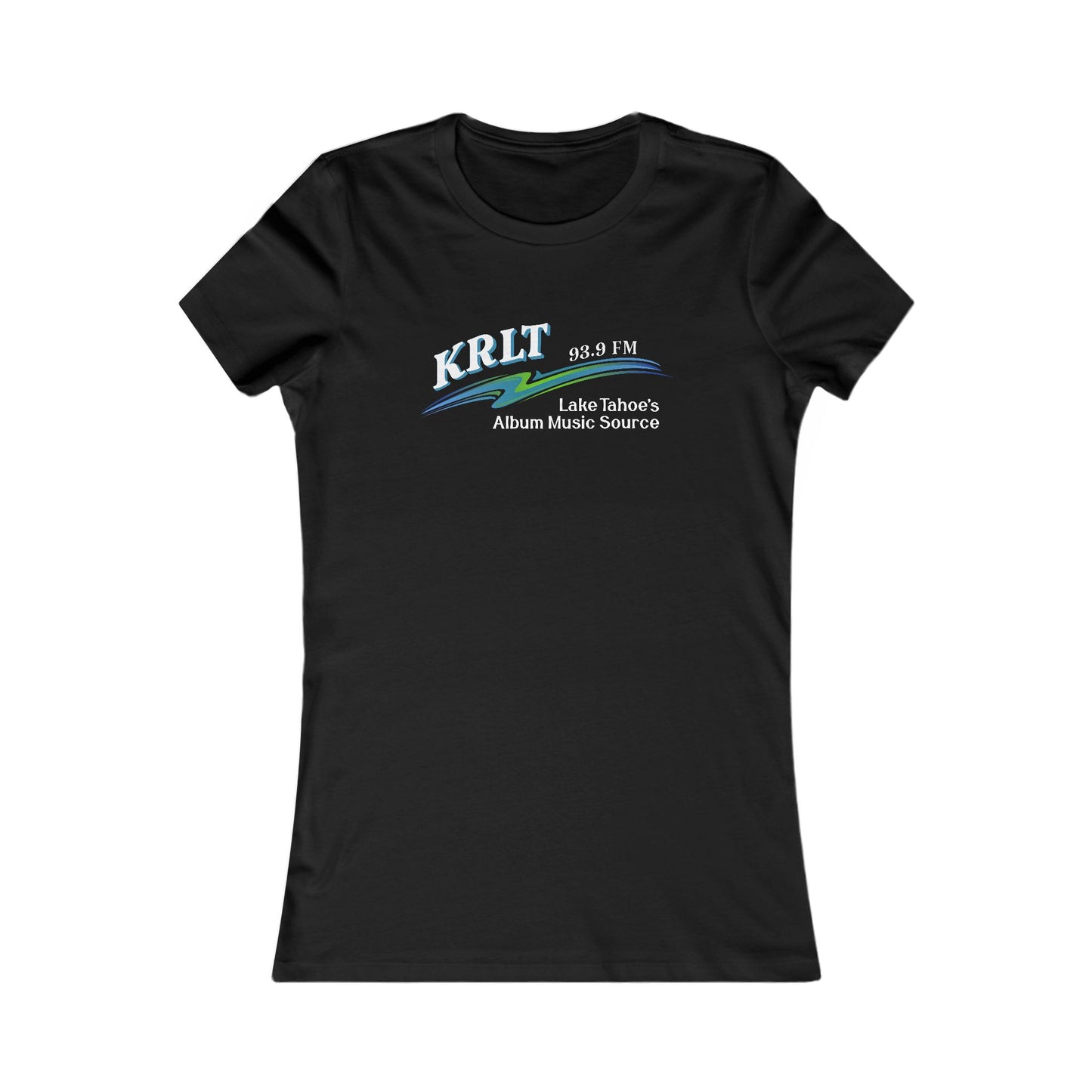 Women's Black crew-neck tee with the KRLT radio logo in white, blue, and green.