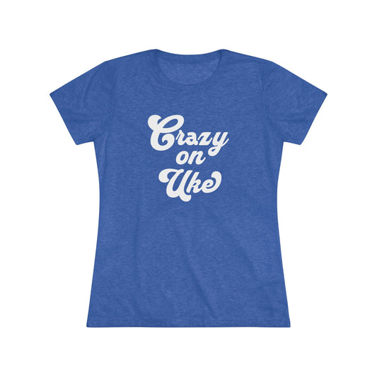 Royal blue t-shirt with 'Crazy On Uke' in white cursive text printed on it.