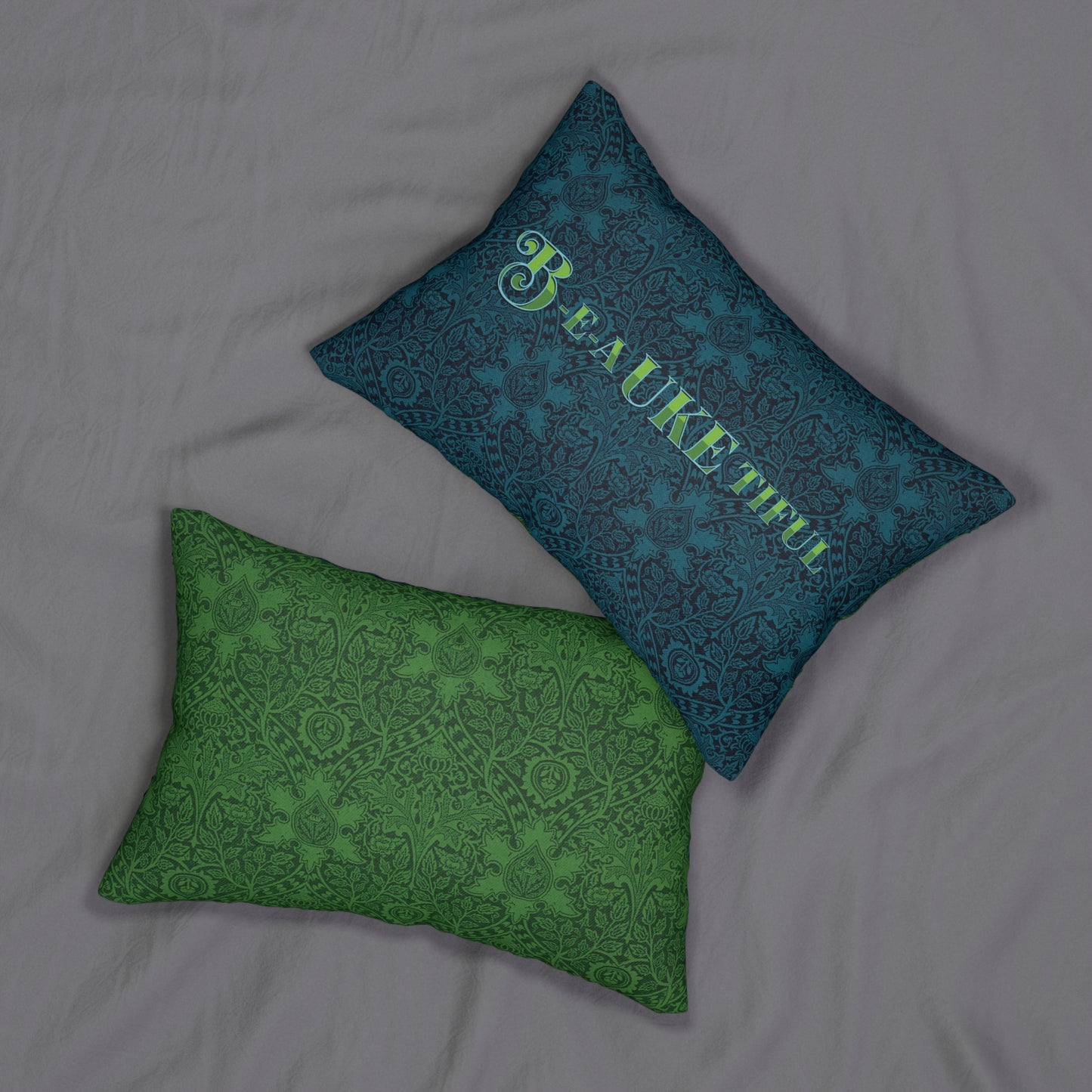 The front and back of the pillow, showing the 'B-E-A-UKE-tiful' graphic on the front only.