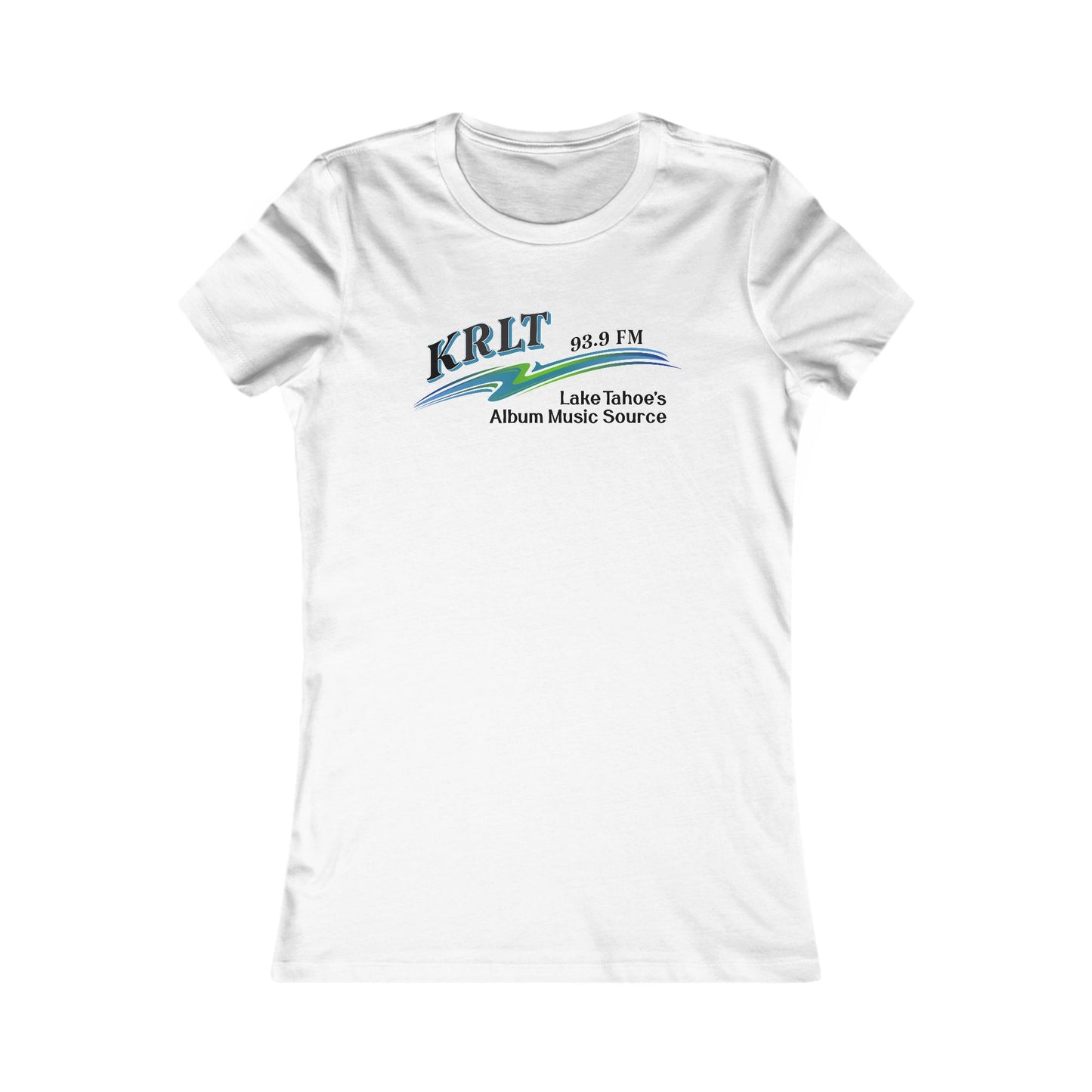 Women's white crew-neck tee with the KRLT radio logo in black, blue, and green.