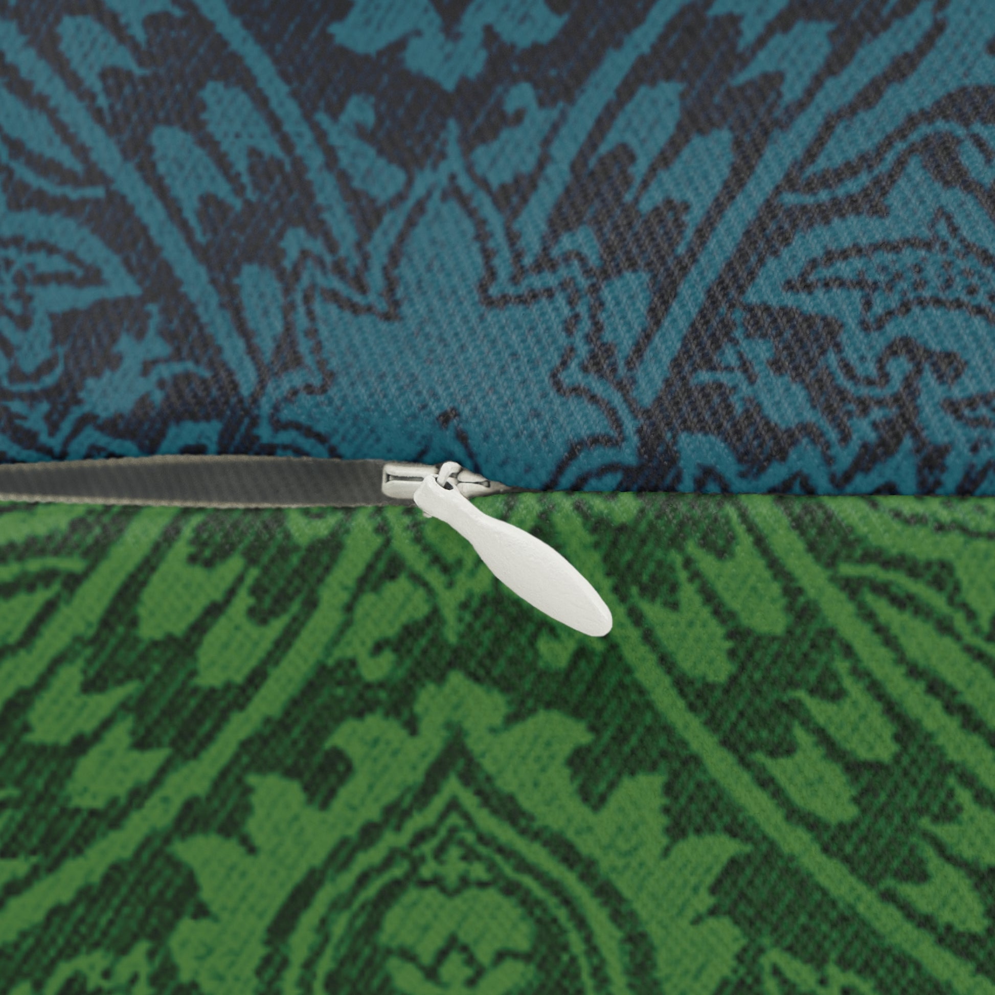 A close-up of the concealed zipper and zipper head.