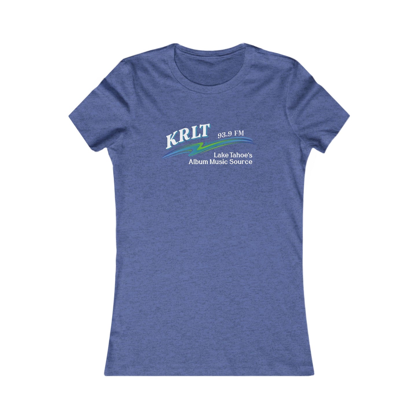 Women's Heather True Royal Blue crew-neck tee with the KRLT radio logo in white, blue, and green.