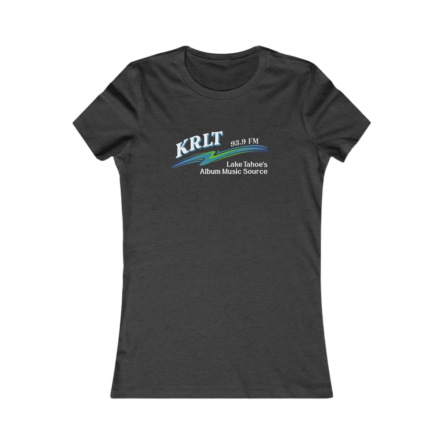Women's Dark Grey Heather crew-neck tee with the KRLT radio logo in white, blue, and green.