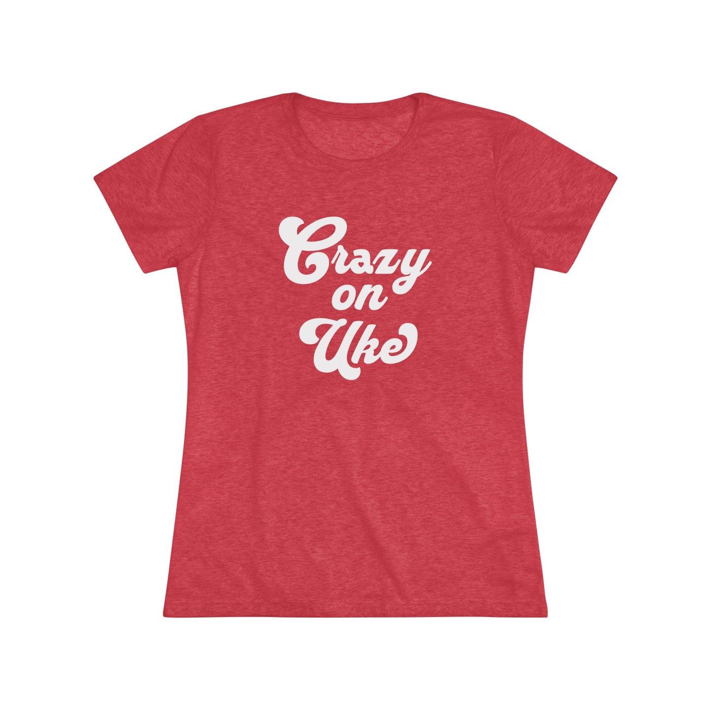 Red t-shirt with 'Crazy On Uke' in white cursive text printed on it.