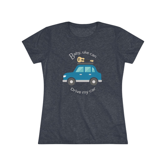 Heathered navy t-shirt with ‘Baby, uke can drive my car’ and a graphic of a car with a ukulele on the roof printed on it.