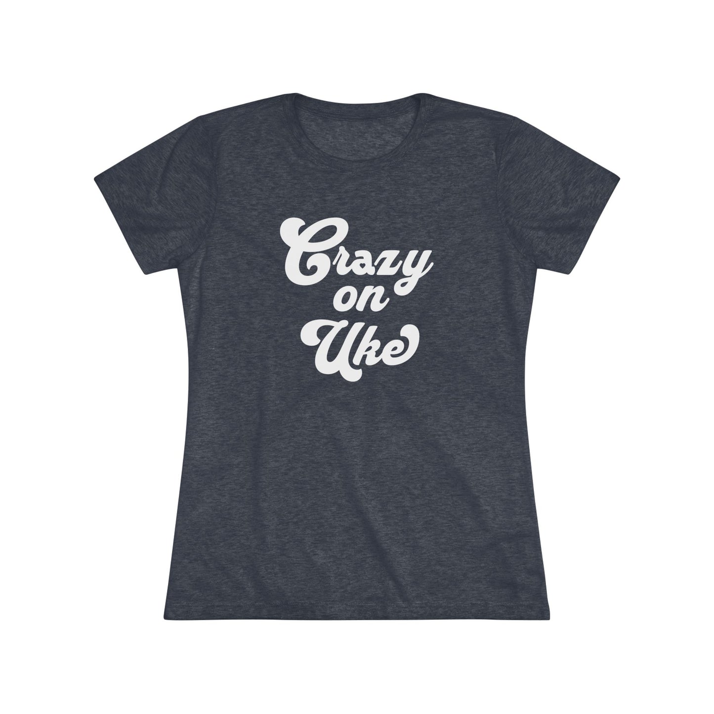 Heathered navy t-shirt with 'Crazy On Uke' in white cursive text printed on it.