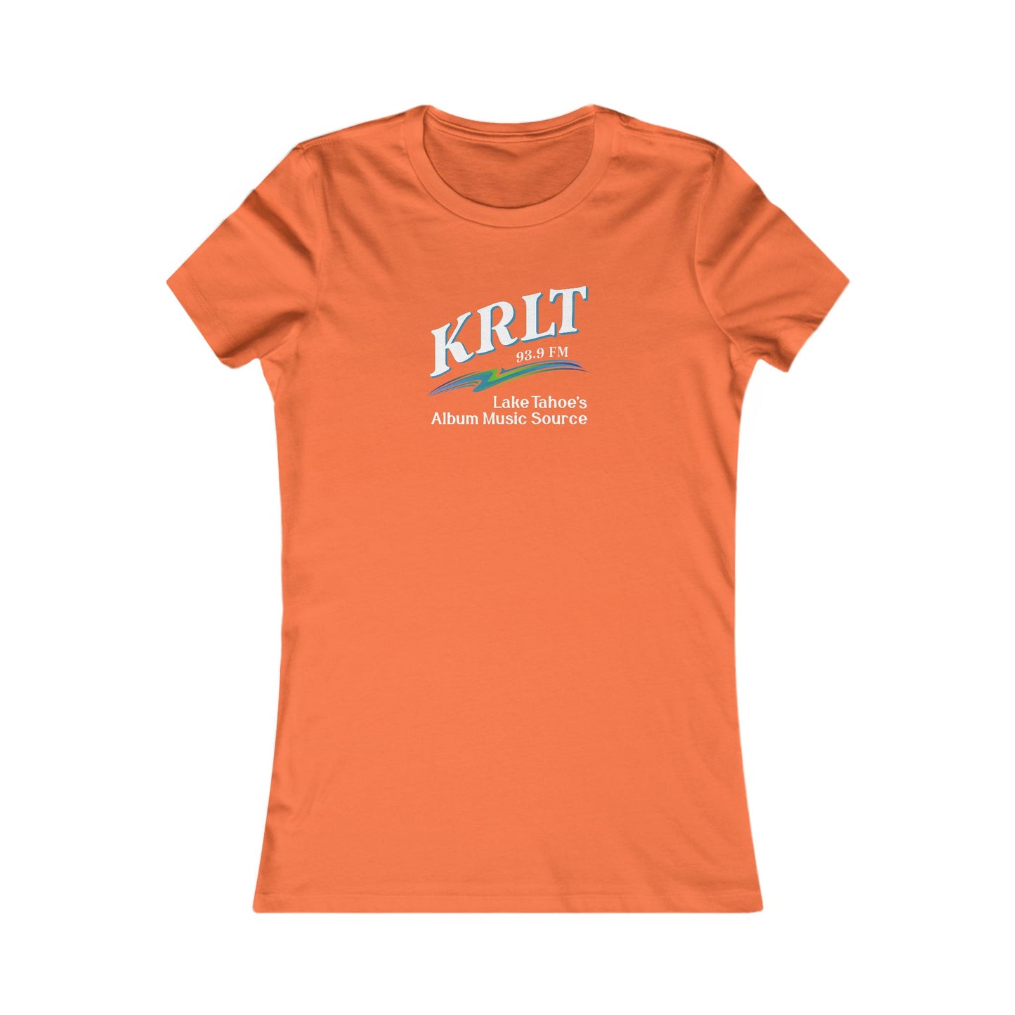 Women's Orange crew-neck tee with the KRLT radio logo in white, blue, and green.