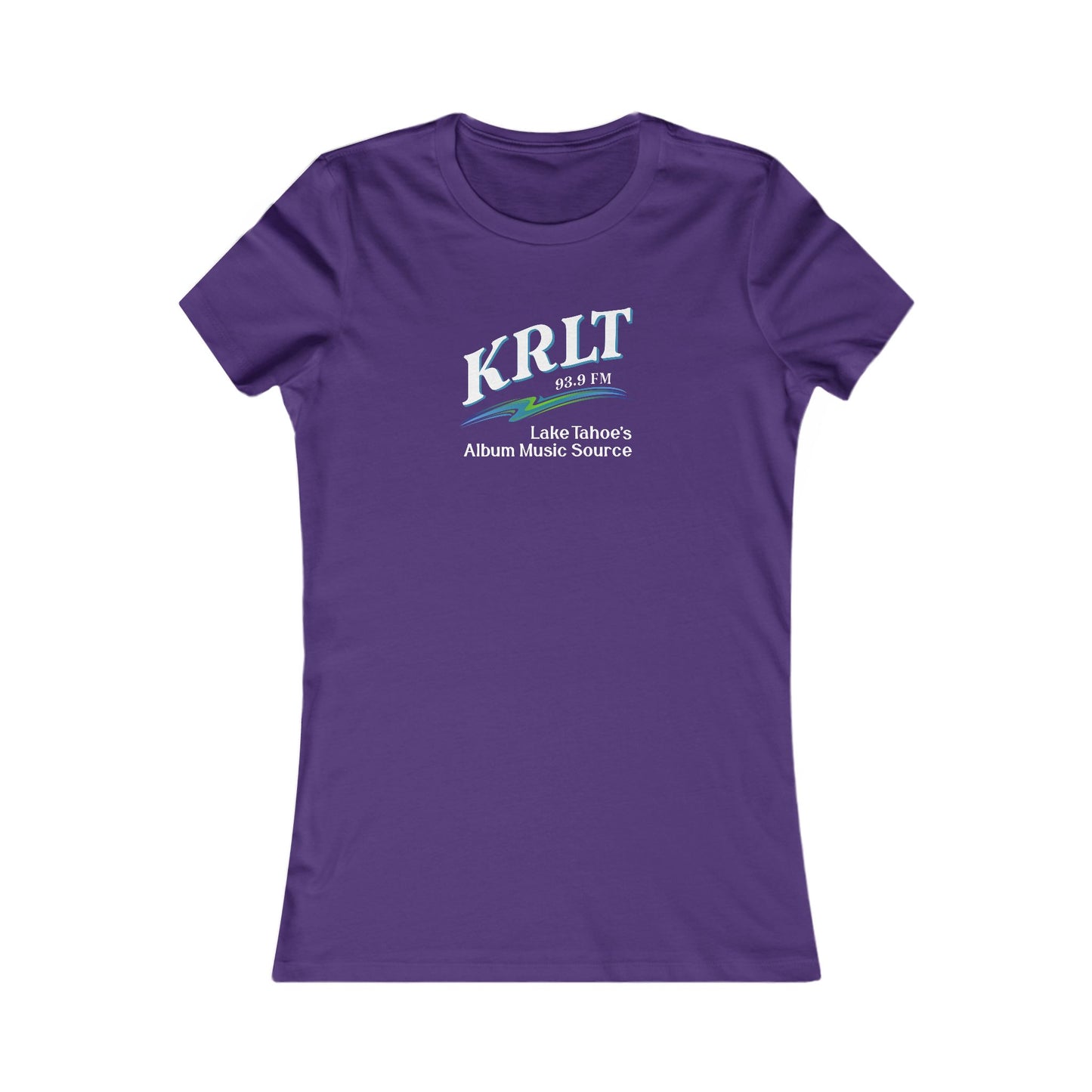 Women's Purple crew-neck tee with the KRLT radio logo in white, blue, and green.