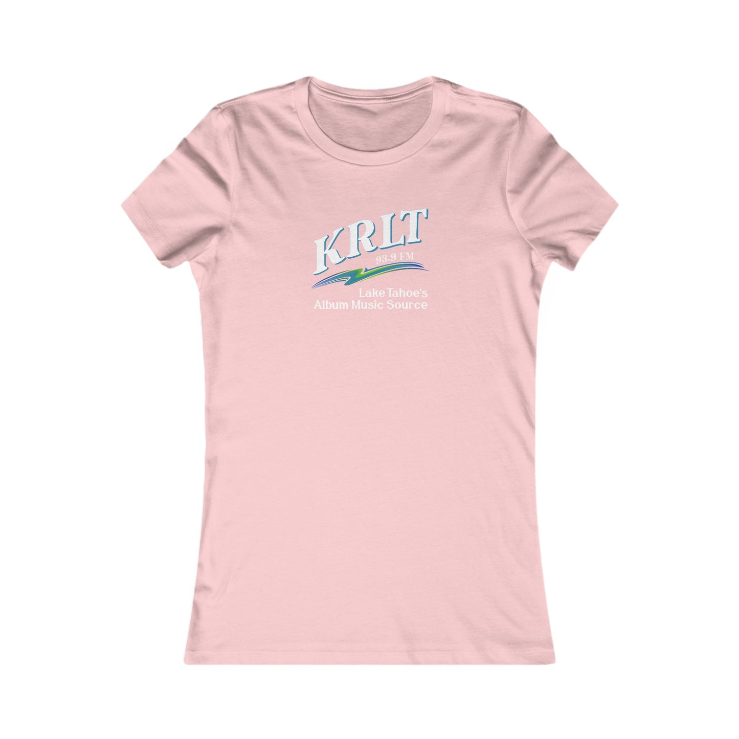 Women's Light Pink crew-neck tee with the KRLT radio logo in white, blue, and green.