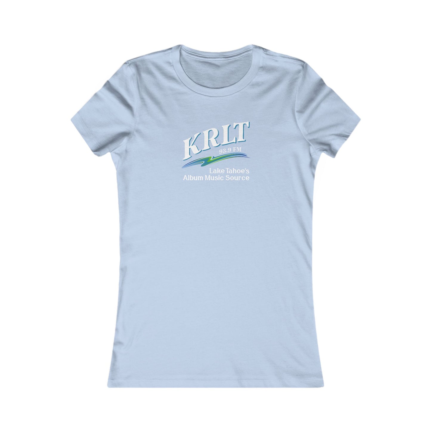 Women's Baby Blue crew-neck tee with the KRLT radio logo in white, blue, and green.
