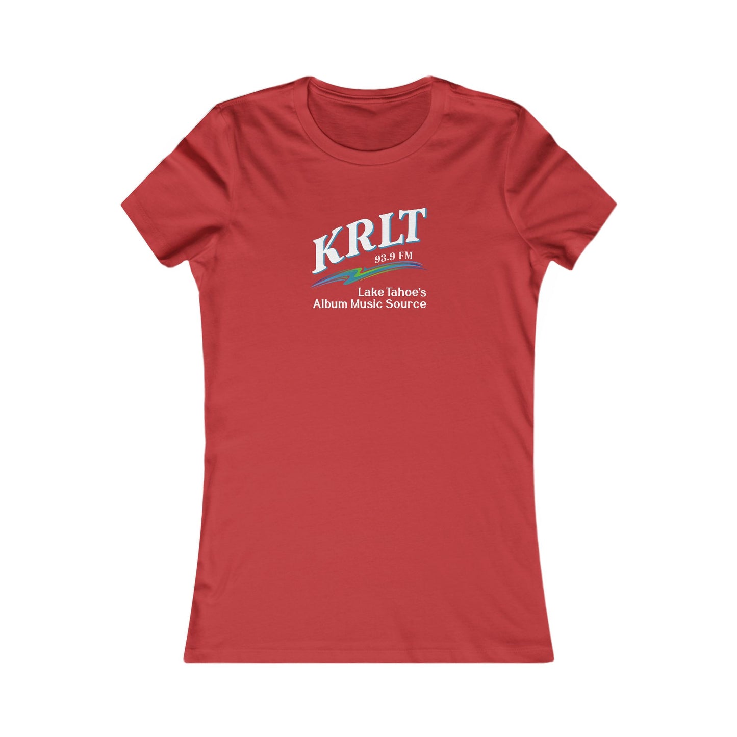 Women's Red crew-neck tee with the KRLT radio logo in white, blue, and green.