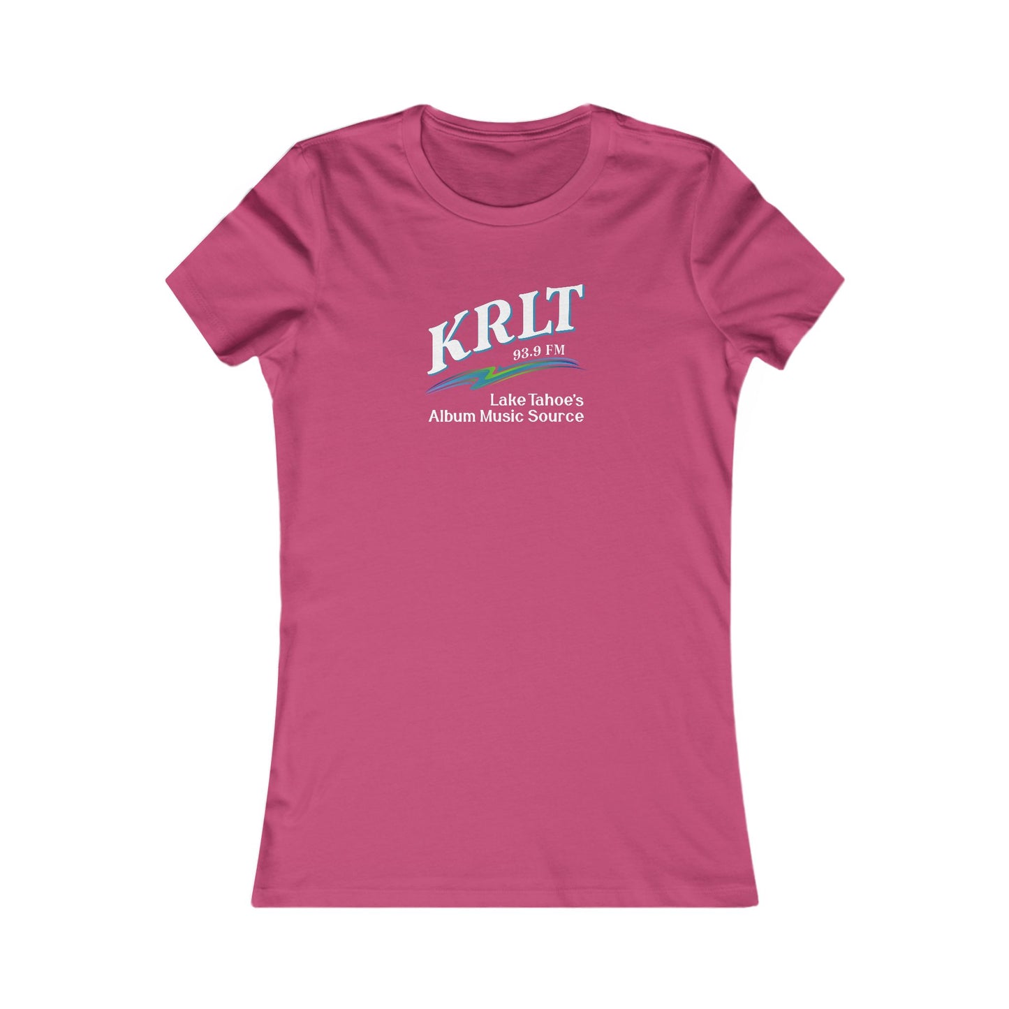 Women's Berry Pink crew-neck tee with the KRLT radio logo in white, blue, and green.
