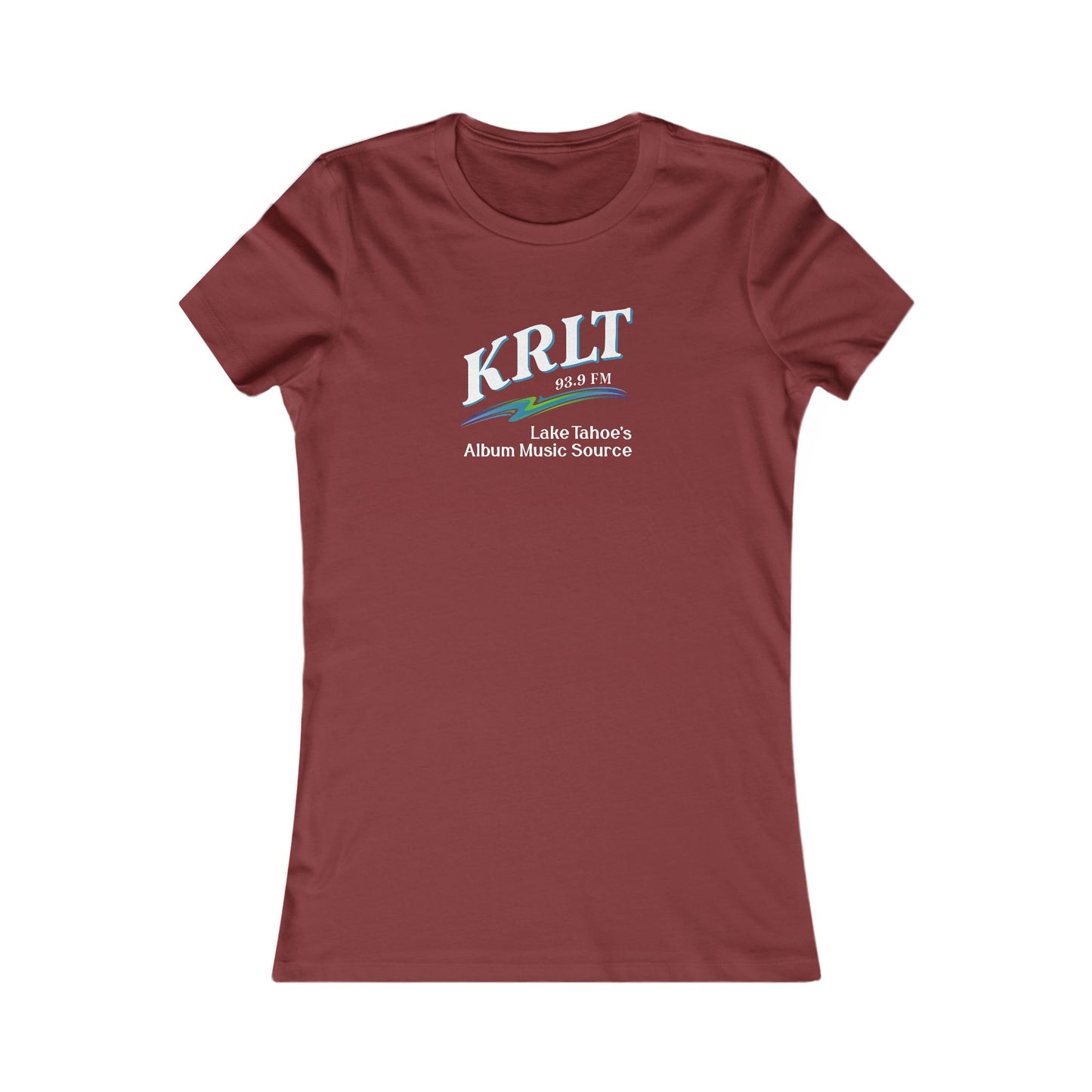 Women's Cardinal Red crew-neck tee with the KRLT radio logo in white, blue, and green.