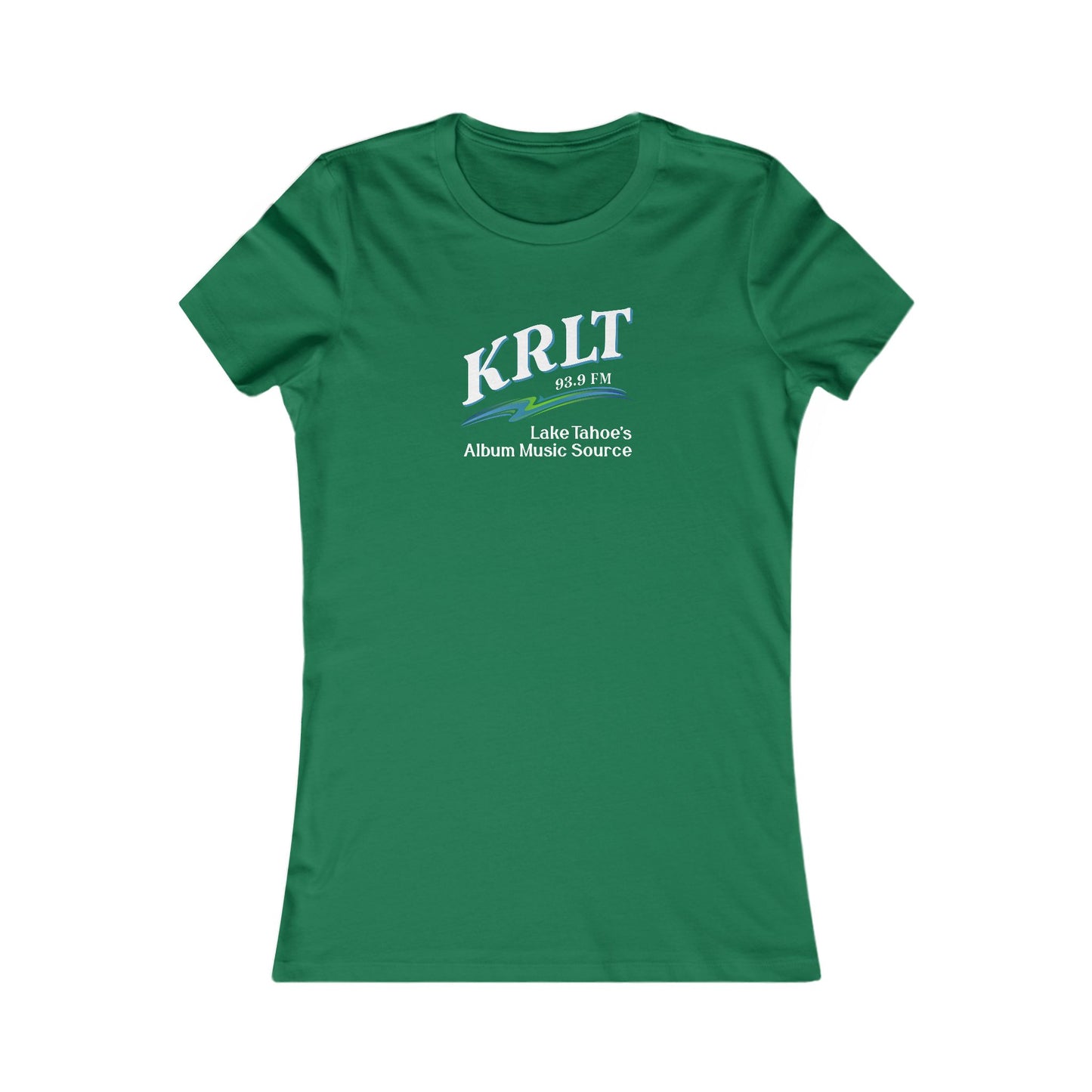 Women's Kelly Green crew-neck tee with the KRLT radio logo in white, blue, and green.