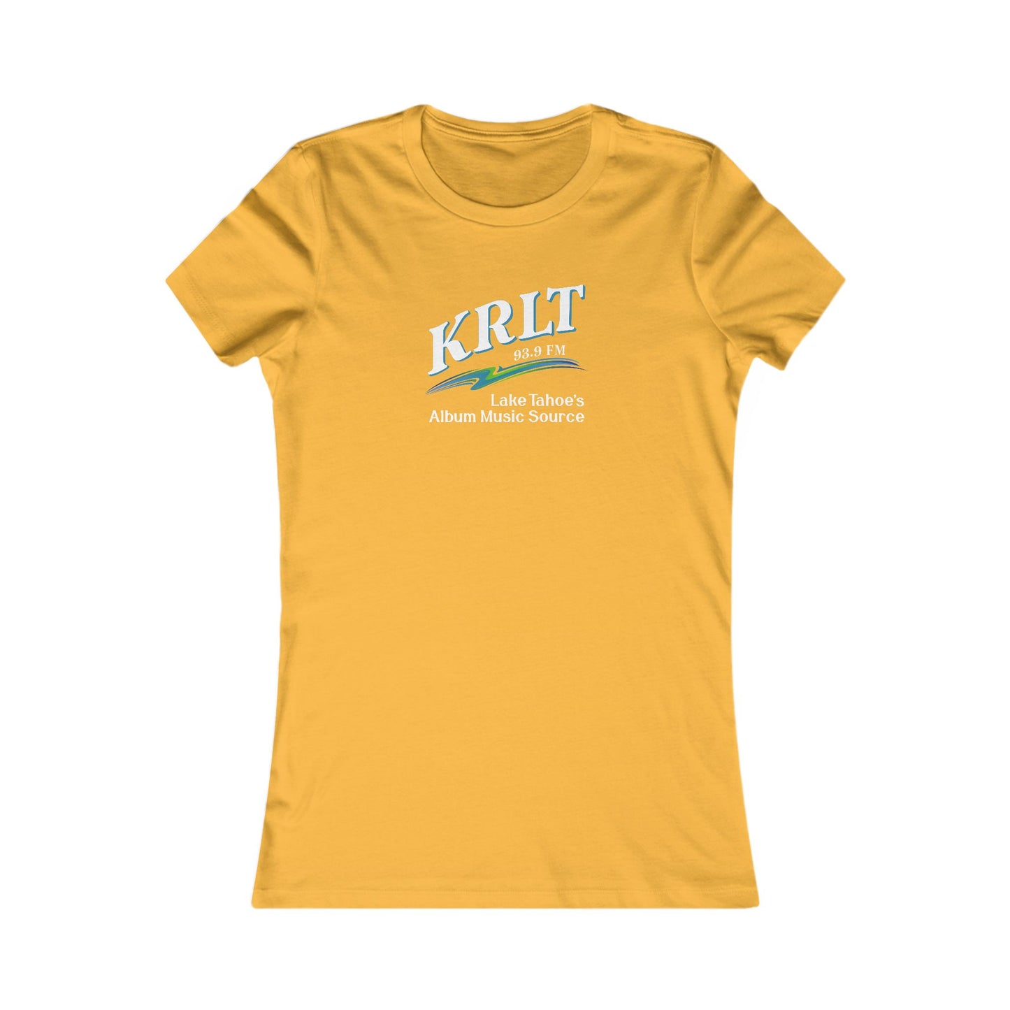 Women's Gold crew-neck tee with the KRLT radio logo in white, blue, and green.