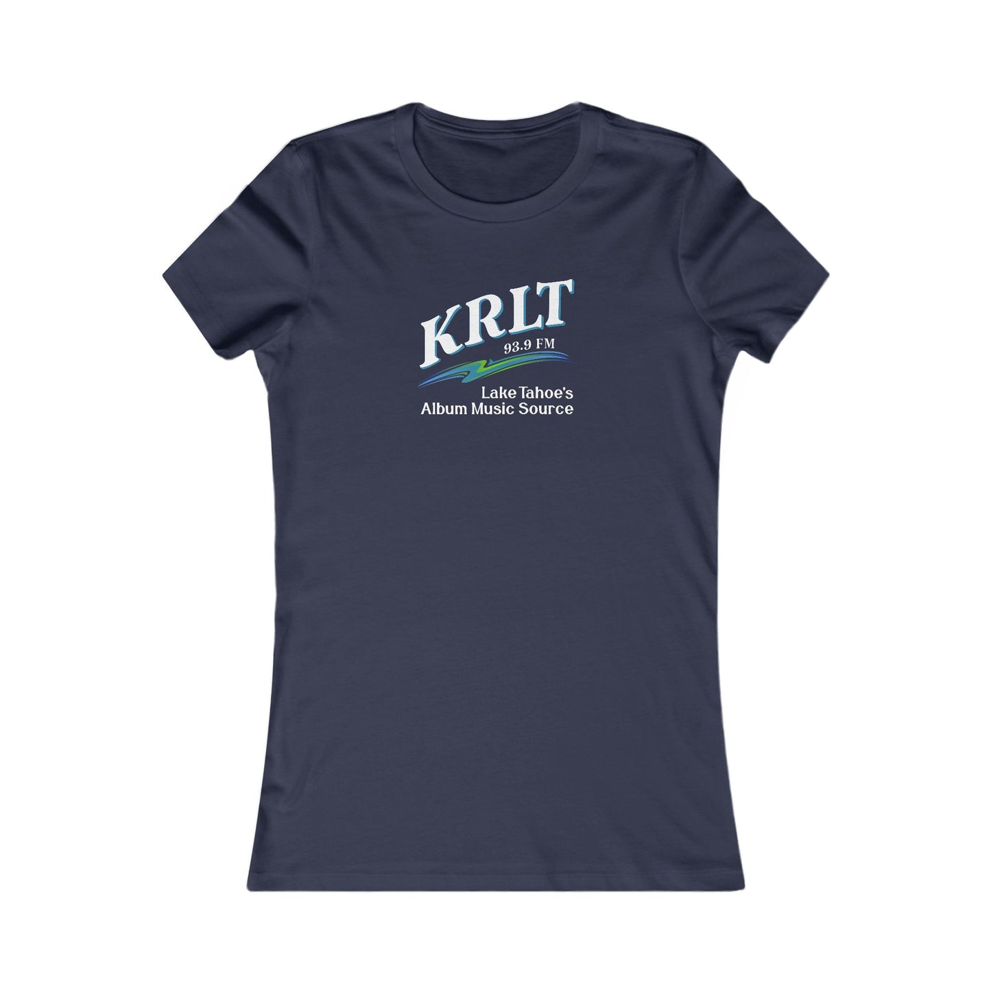Women's Navy Blue crew-neck tee with the KRLT radio logo in white, blue, and green.