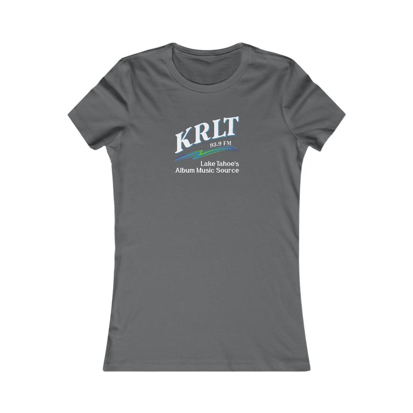 Women's Asphalt Grey crew-neck tee with the KRLT radio logo in white, blue, and green.