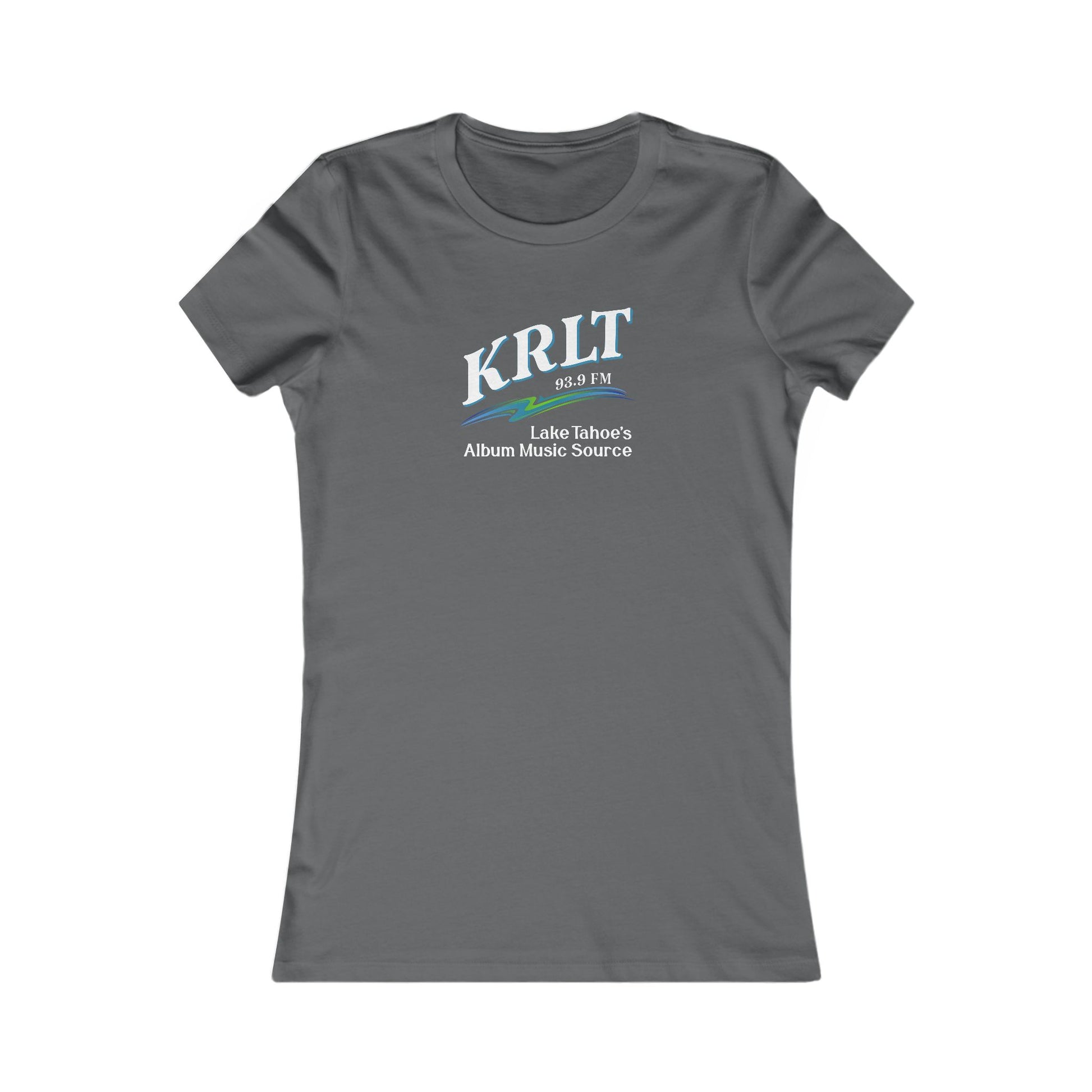 Women's Asphalt Grey crew-neck tee with the KRLT radio logo in white, blue, and green.