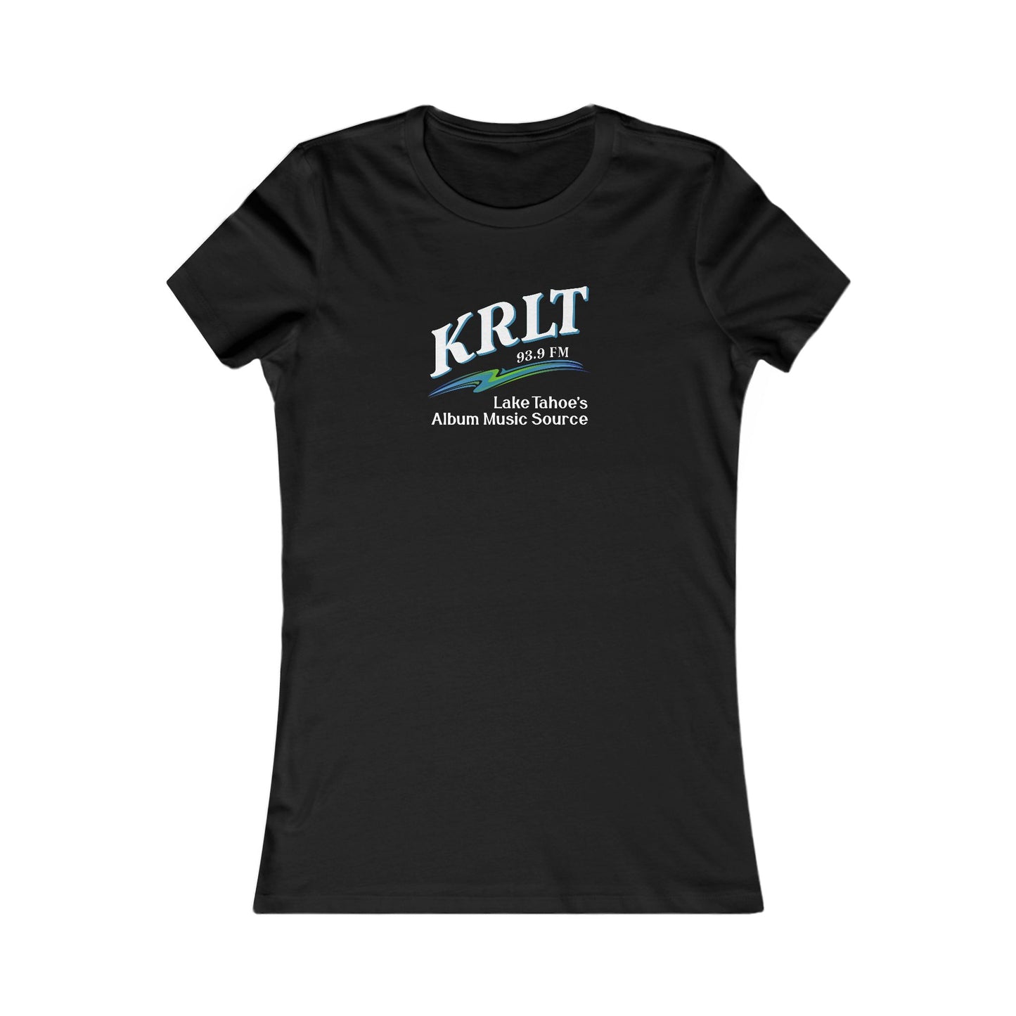 Women's Black crew-neck tee with the KRLT radio logo in white, blue, and green.
