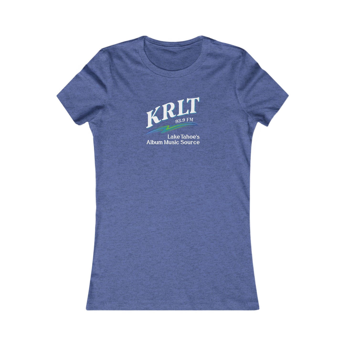 Women's Heather True Royal Blue crew-neck tee with the KRLT radio logo in white, blue, and green.