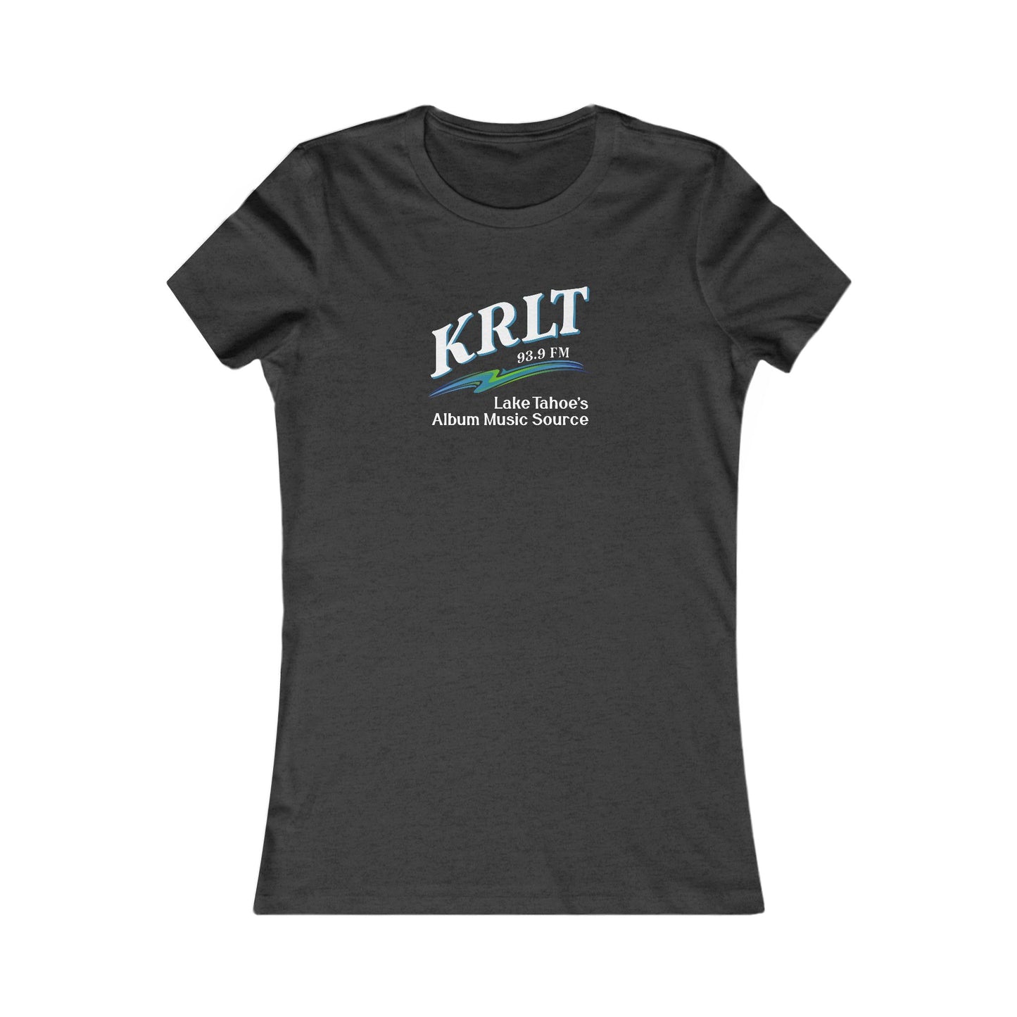 Women's Dark Grey Heather crew-neck tee with the KRLT radio logo in white, blue, and green.