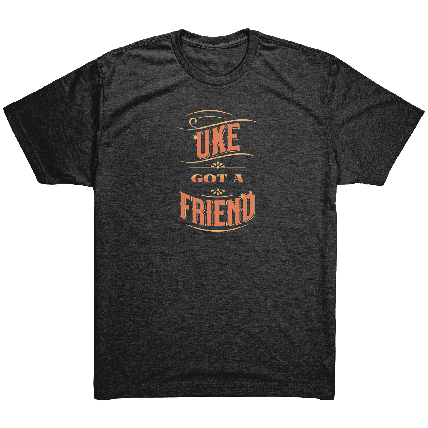 Vintage Black t-shirt printed with ‘Uke Got A Friend' in orange and yellow block letters.