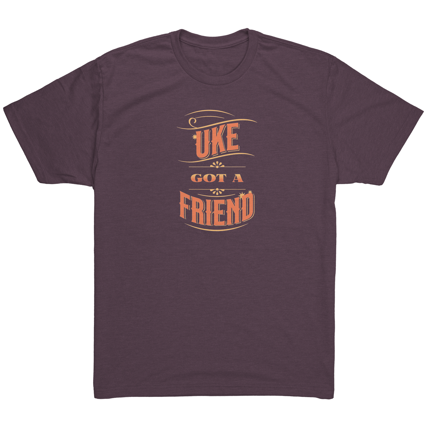 Vintage Purple t-shirt printed with ‘Uke Got A Friend' in orange and yellow block letters.