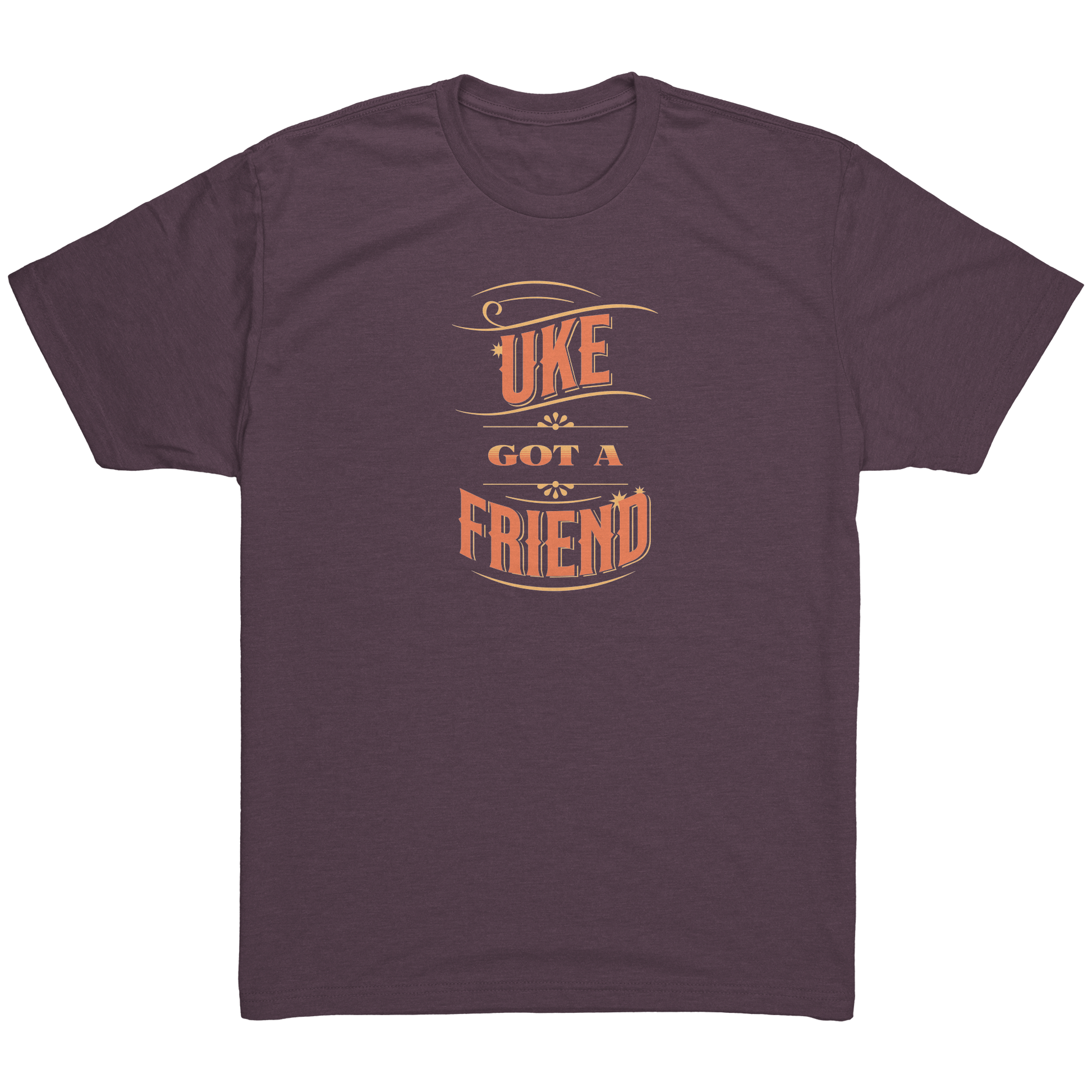 Vintage Purple t-shirt printed with ‘Uke Got A Friend' in orange and yellow block letters.