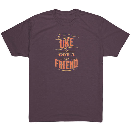 Vintage Purple t-shirt printed with ‘Uke Got A Friend' in orange and yellow block letters.