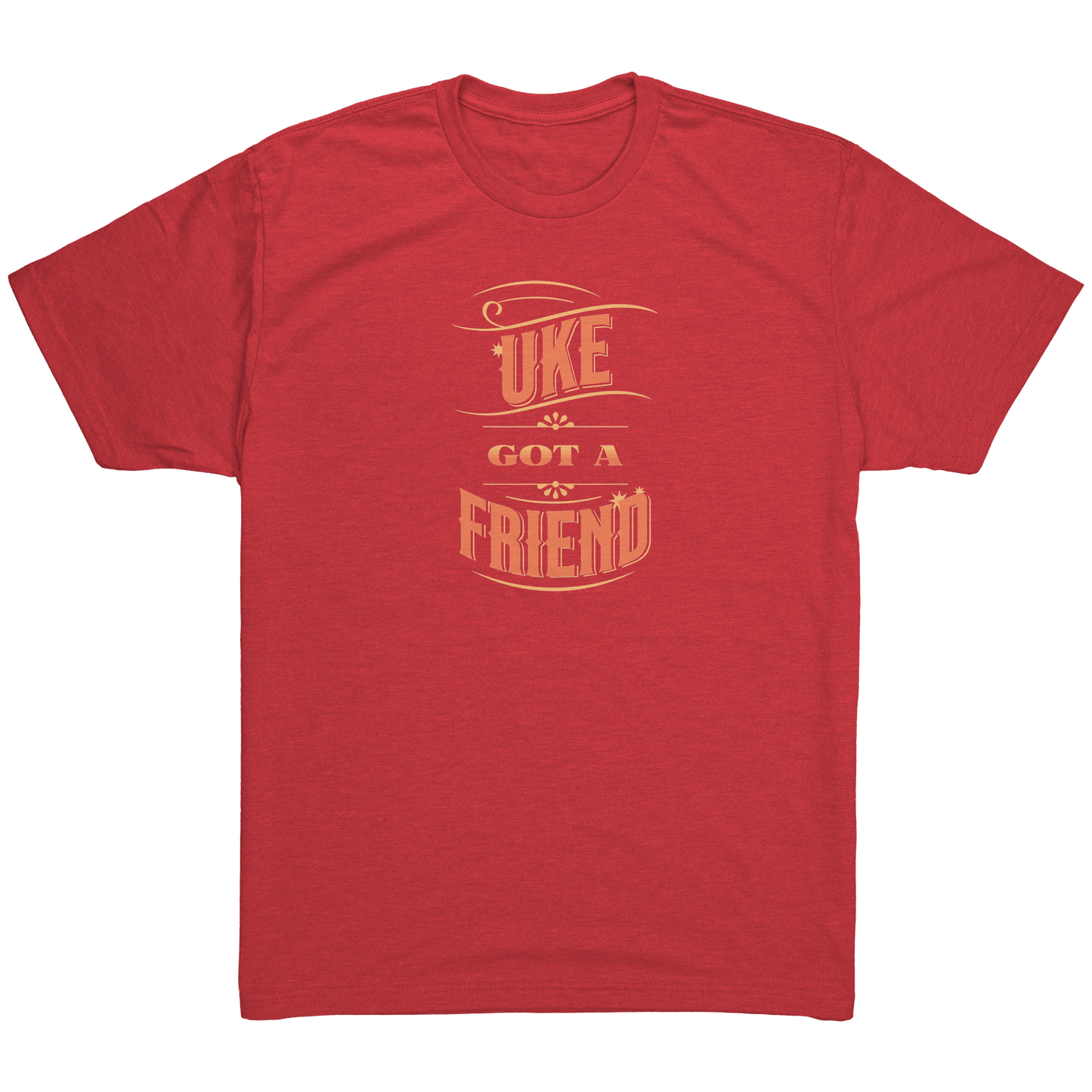 Vintage Red t-shirt printed with ‘Uke Got A Friend' in orange and yellow block letters.