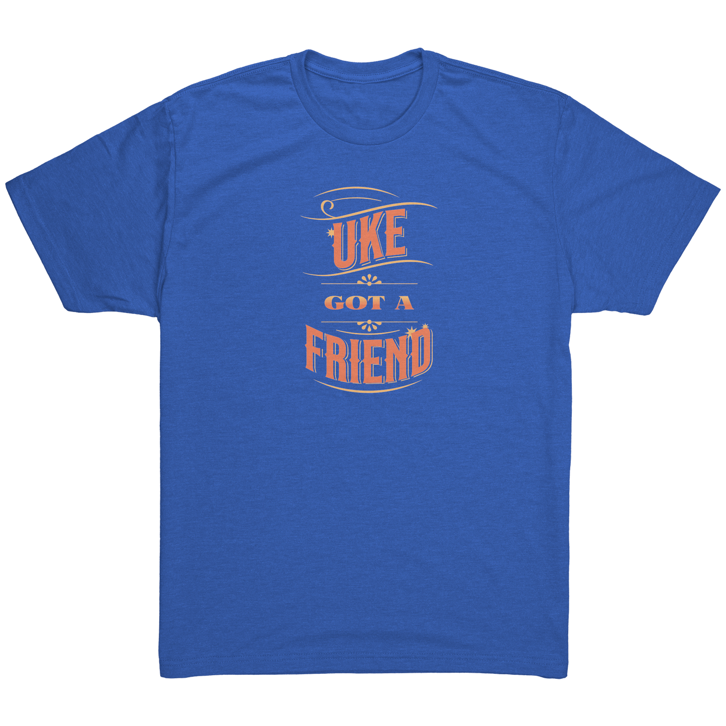Vintage Royal Blue t-shirt printed with ‘Uke Got A Friend' in orange and yellow block letters.