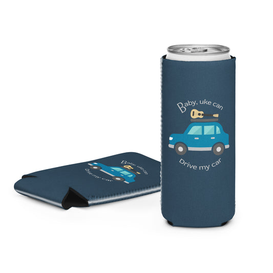 Slim can coozie printed with an indigo background and ‘Baby, uke can drive my car’ with a graphic of a car with a ukulele on the roof.