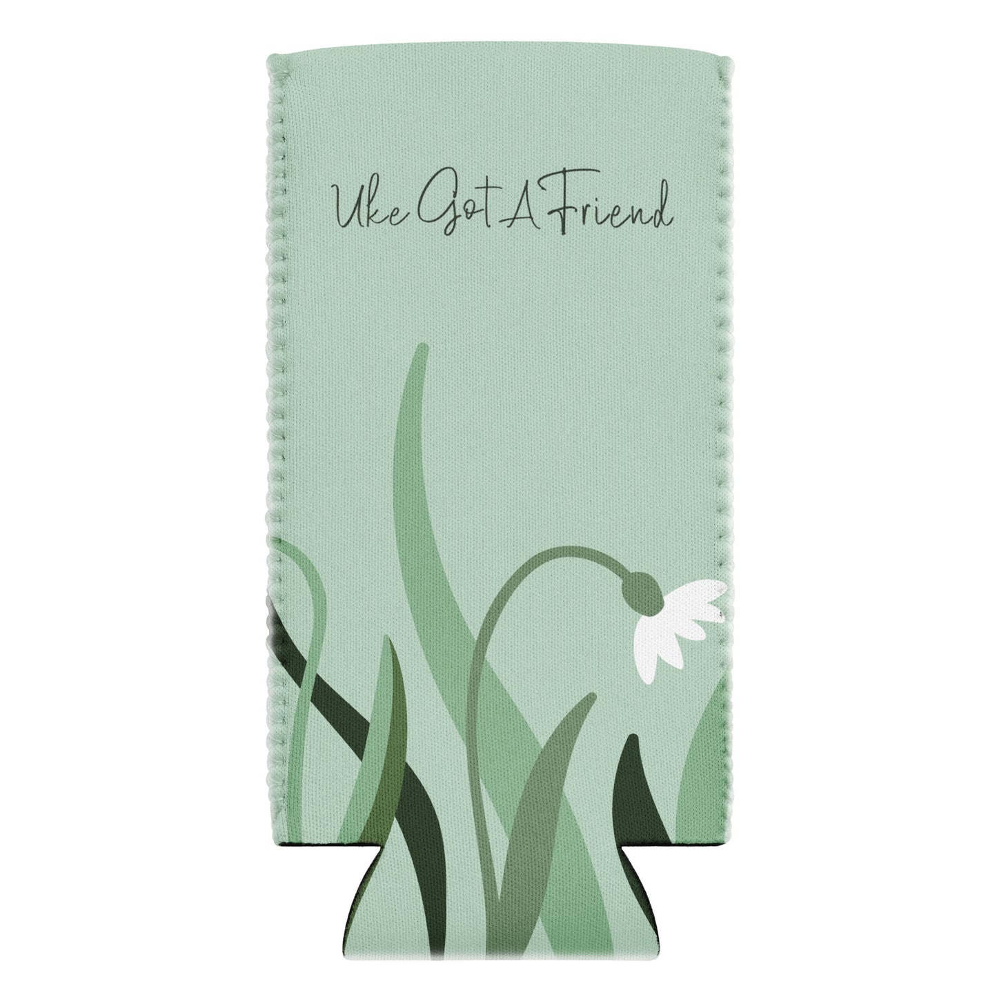 Slim can coozie with a flower design on a green background and the words 'Uke Got A Friend' printed on it.