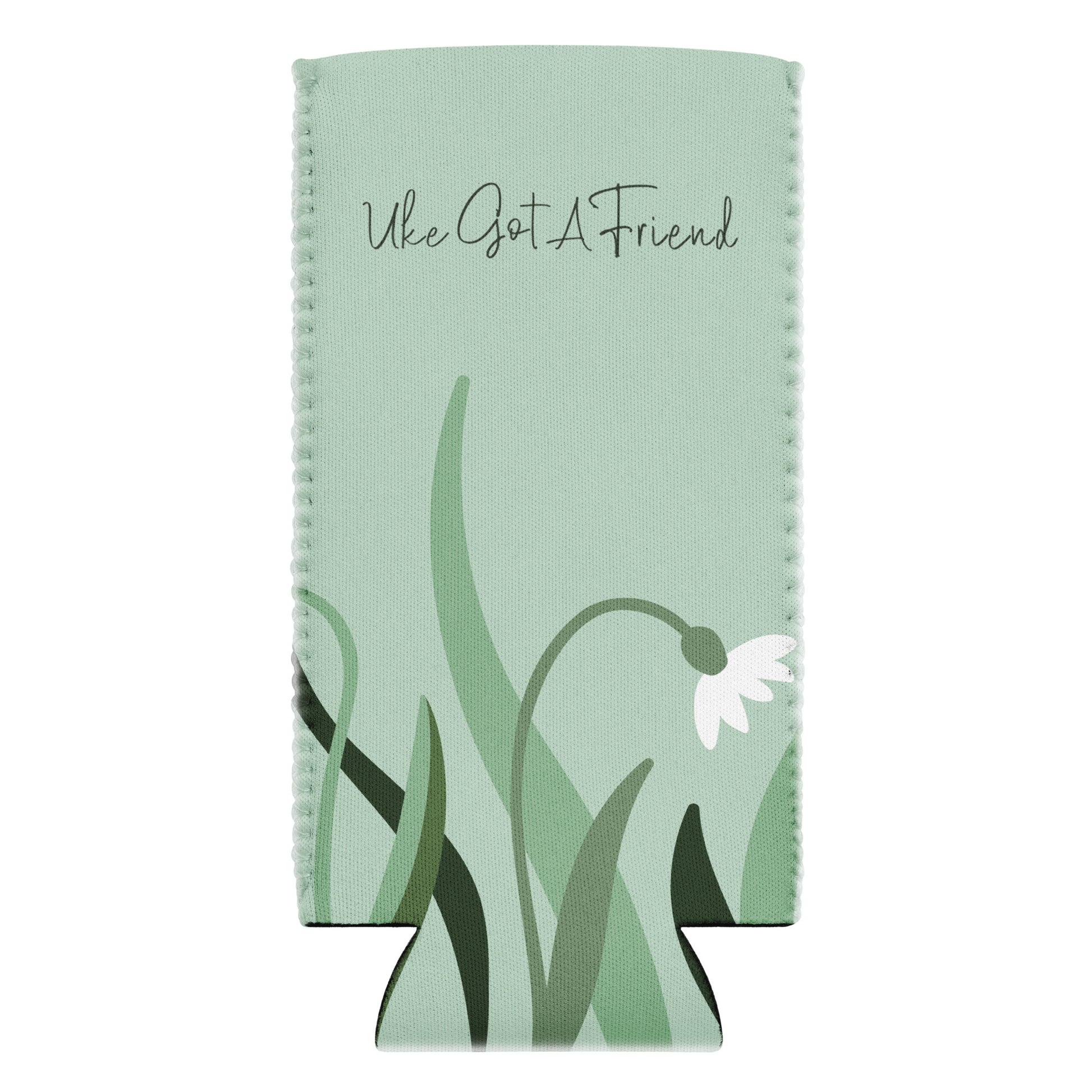 Slim can coozie with a flower design on a green background and the words 'Uke Got A Friend' printed on it.