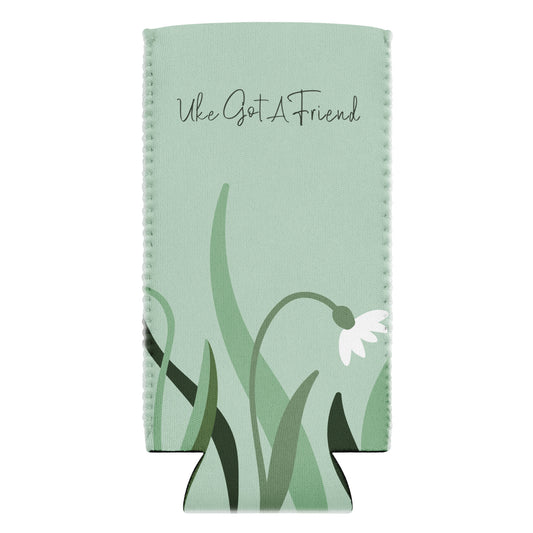Slim can coozie with a flower design on a green background and the words 'Uke Got A Friend' printed on it.