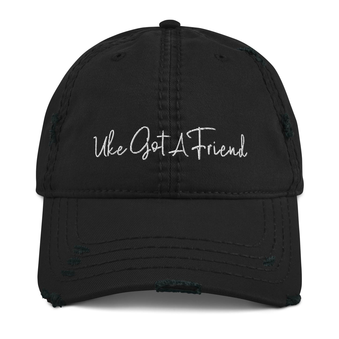 Black baseball cap with a distressed look and 'Uke Got A Friend' embroidered on it with white thread.
