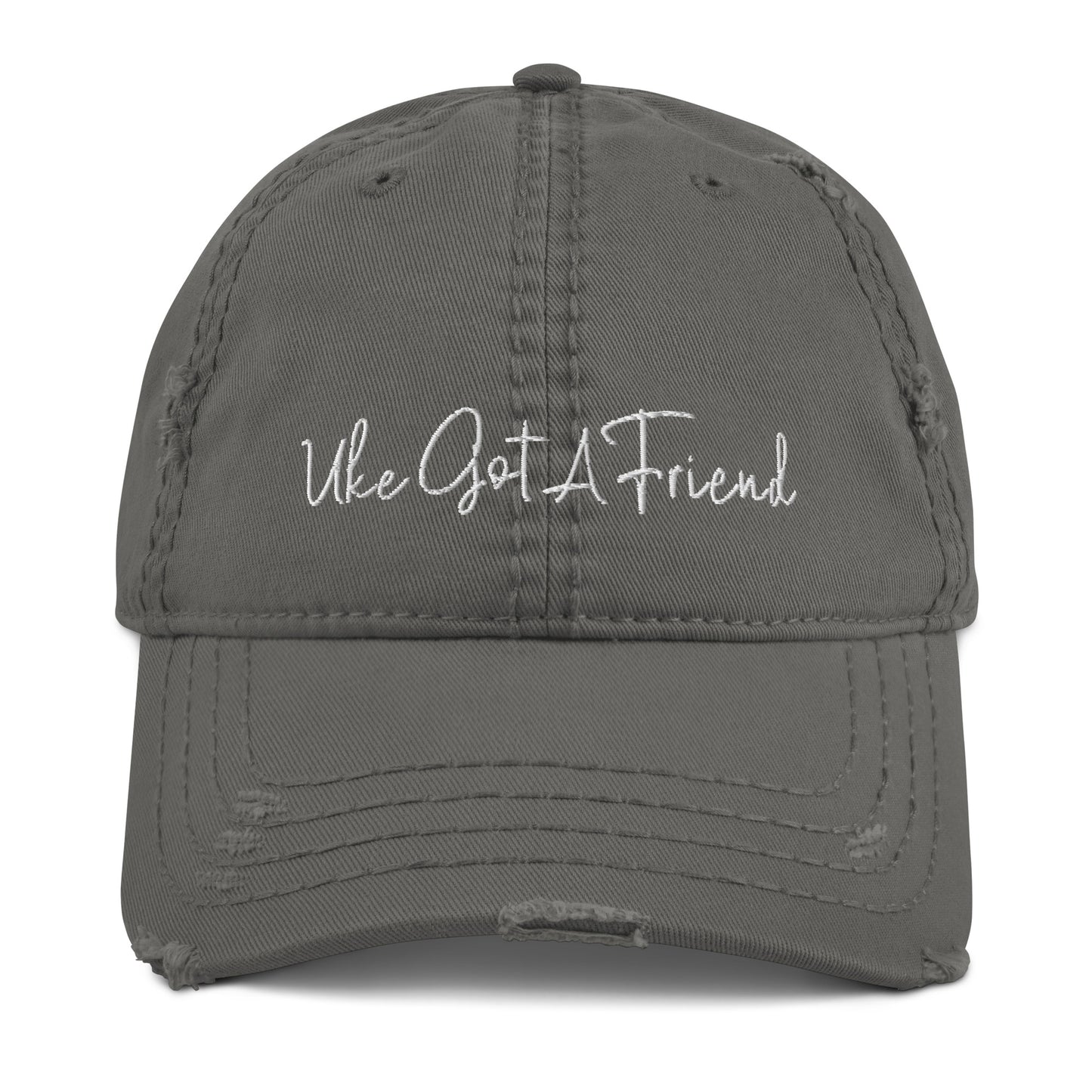 Grey baseball cap with a distressed look and 'Uke Got A Friend' embroidered on it with white thread.