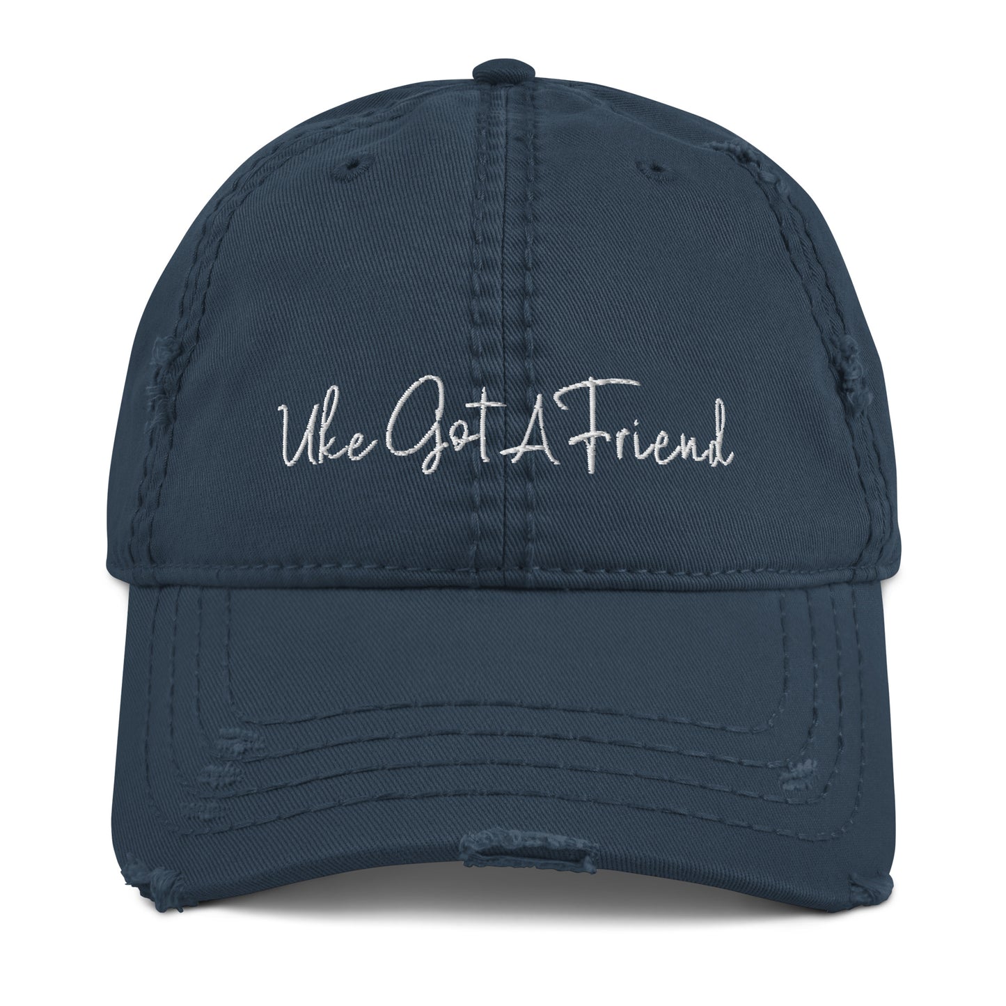 Navy-blue baseball cap with a distressed look and 'Uke Got A Friend' embroidered on it with white thread.