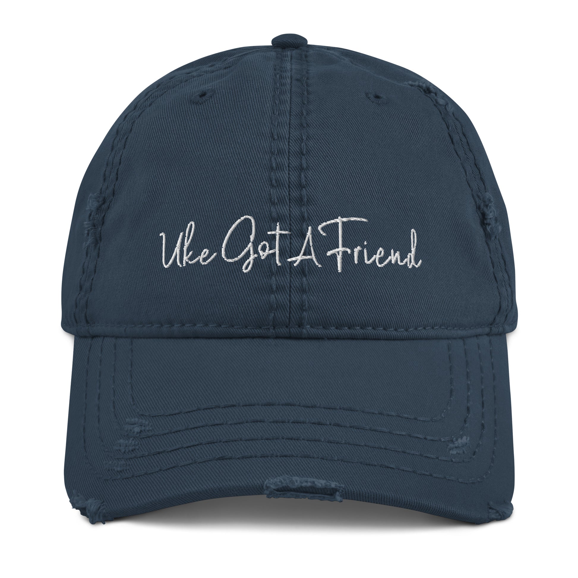 Navy-blue baseball cap with a distressed look and 'Uke Got A Friend' embroidered on it with white thread.