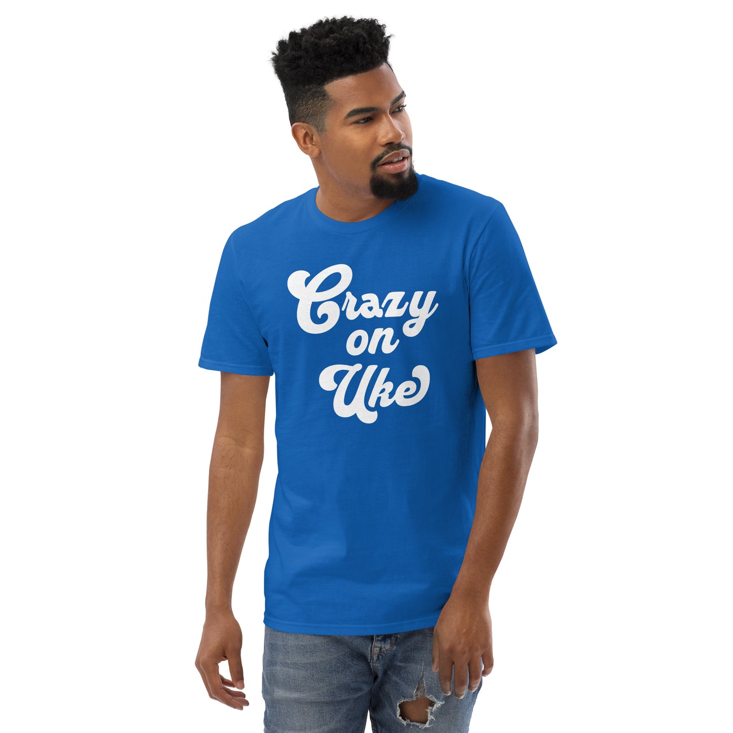 Man wearing a royal blue t-shirt with 'Crazy On Uke' in white cursive text.
