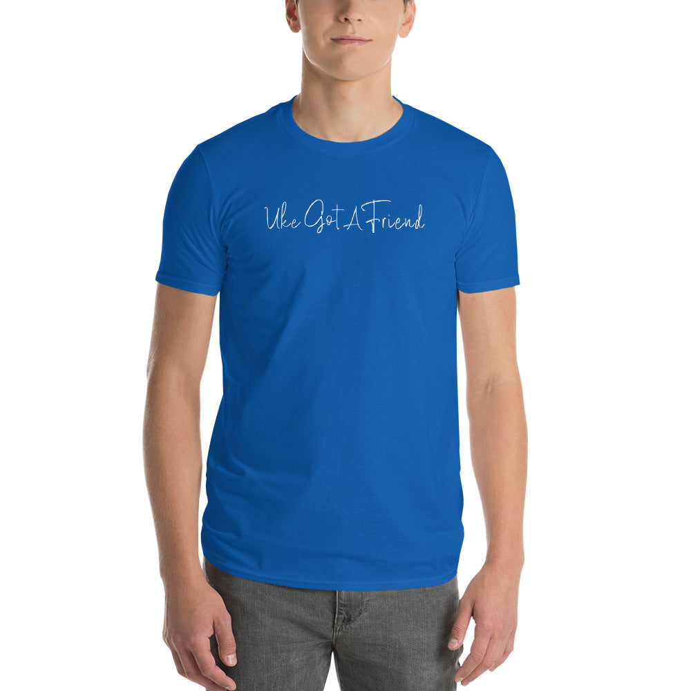 Man wearing a royal blue t-shirt printed with 'Uke Got A Friend' in white cursive text.
