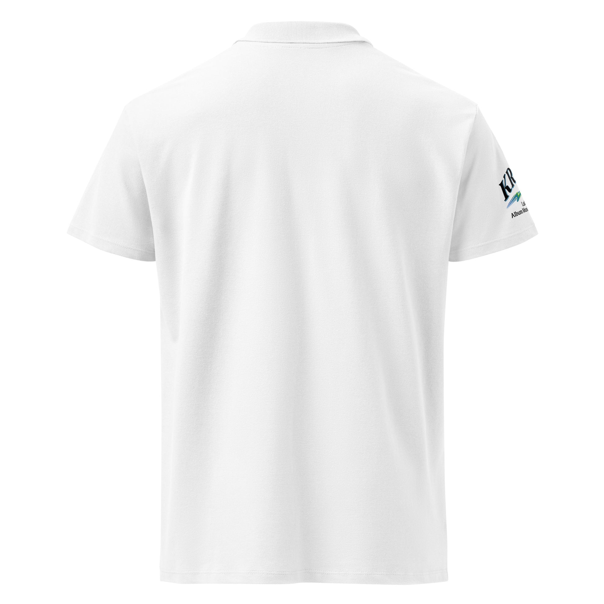 Back view of a white golf shirt with the KRLT logo in black, blue, and green, placed on the right sleeve (front logo hidden from view).