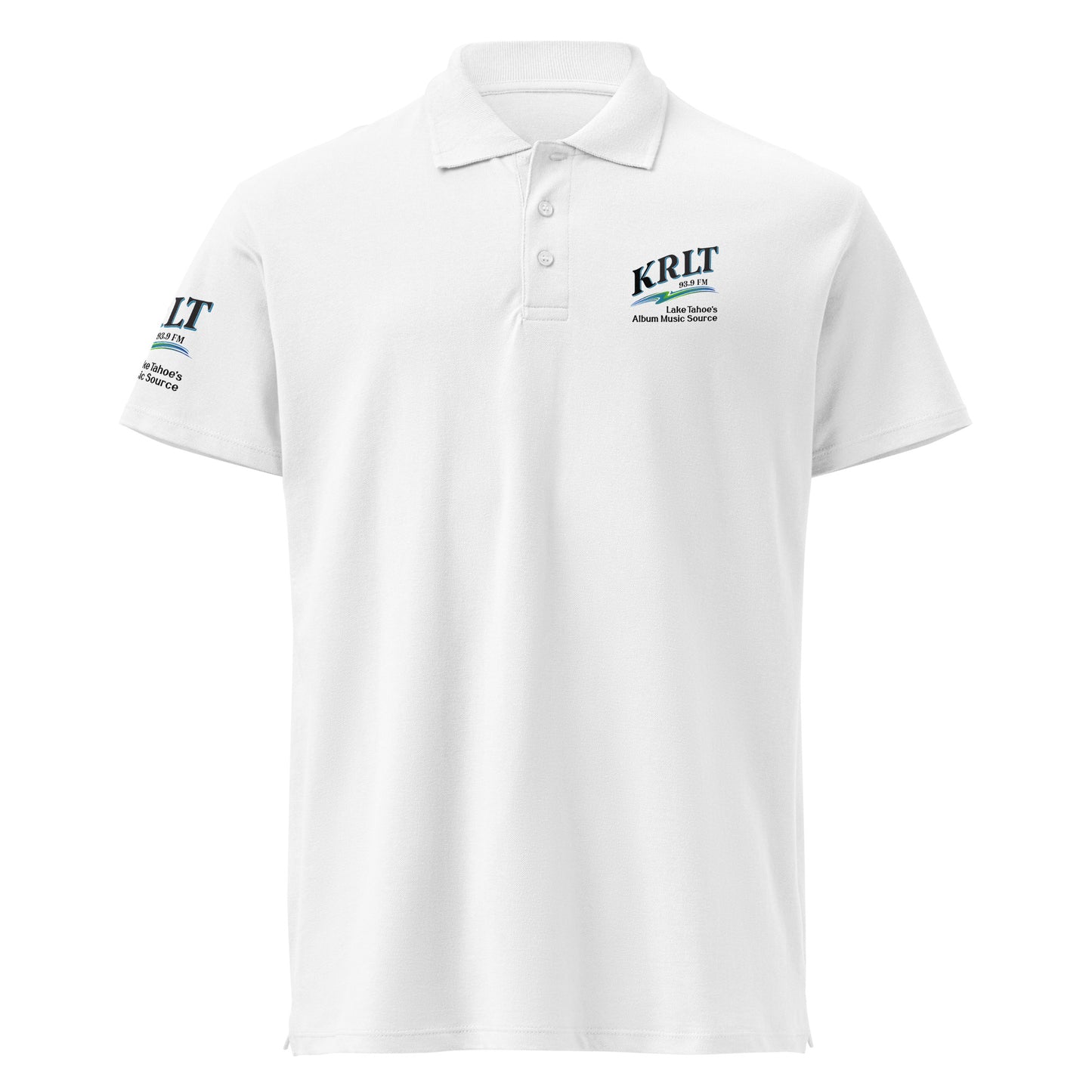 Front view of a white golf shirt with the KRLT logo in black, blue, and green, placed on the left upper-chest and right sleeve.