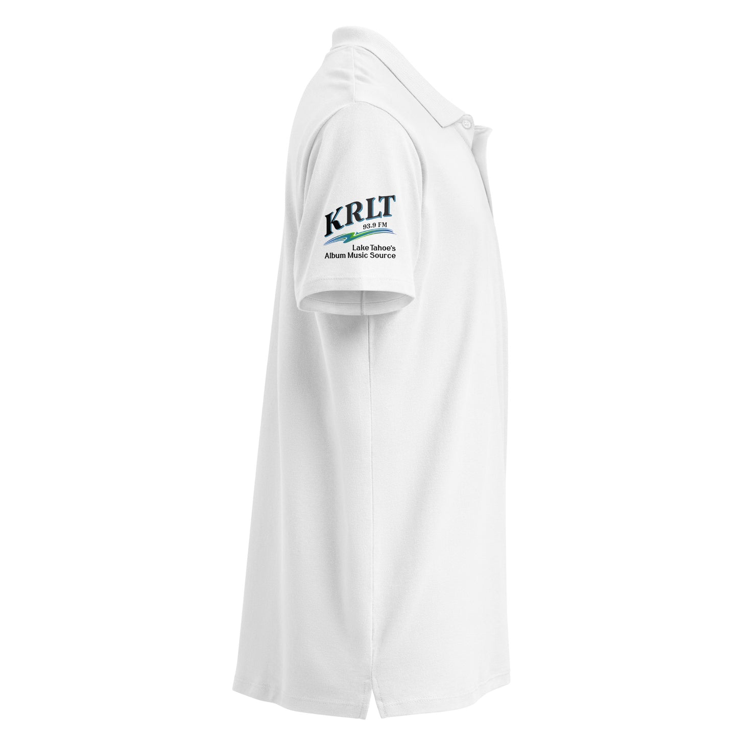 Side view of a white golf shirt with the KRLT logo in black, blue, and green, placed on the right sleeve (front logo hidden from view).