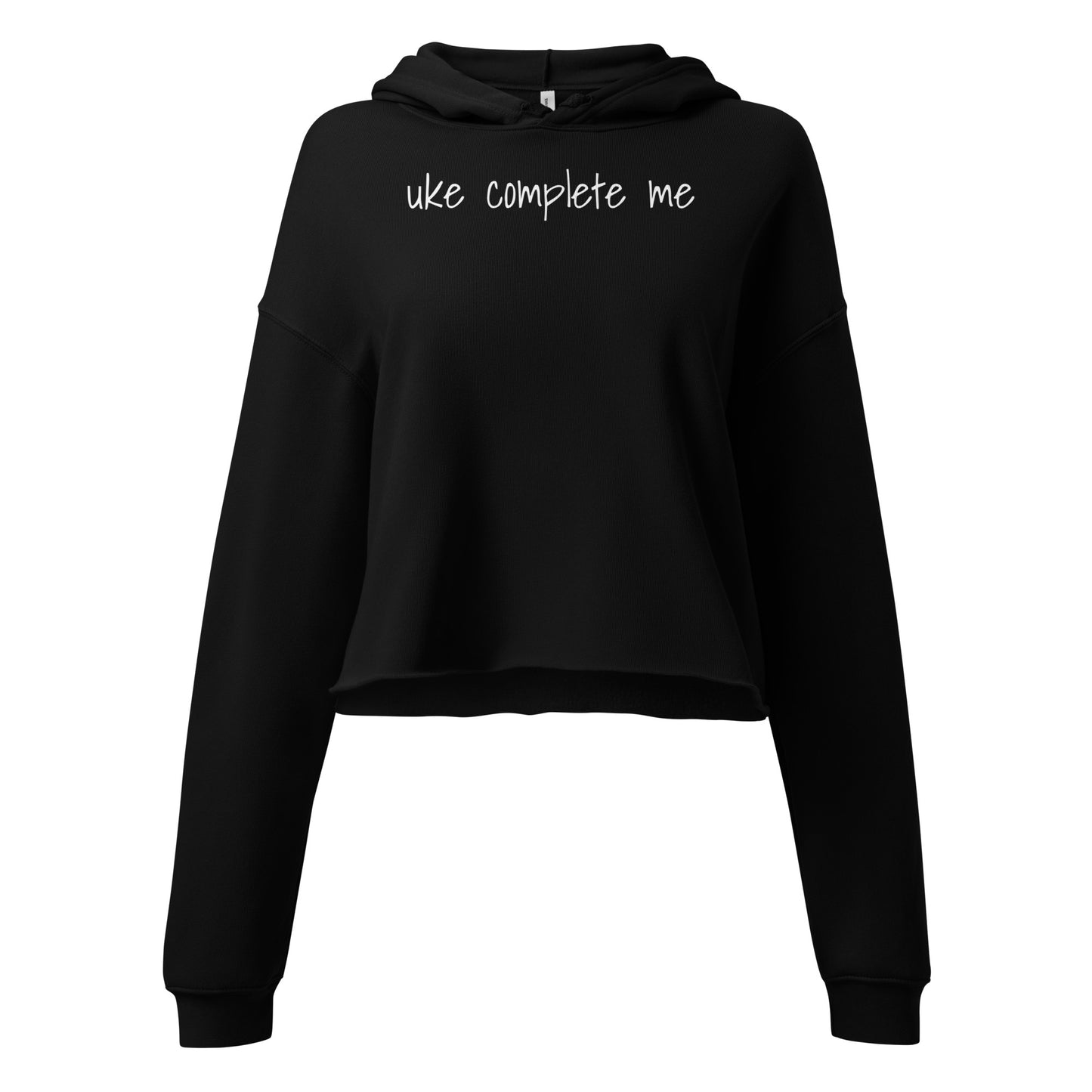 Black cropped hoodie with 'uke complete me' written in white text.